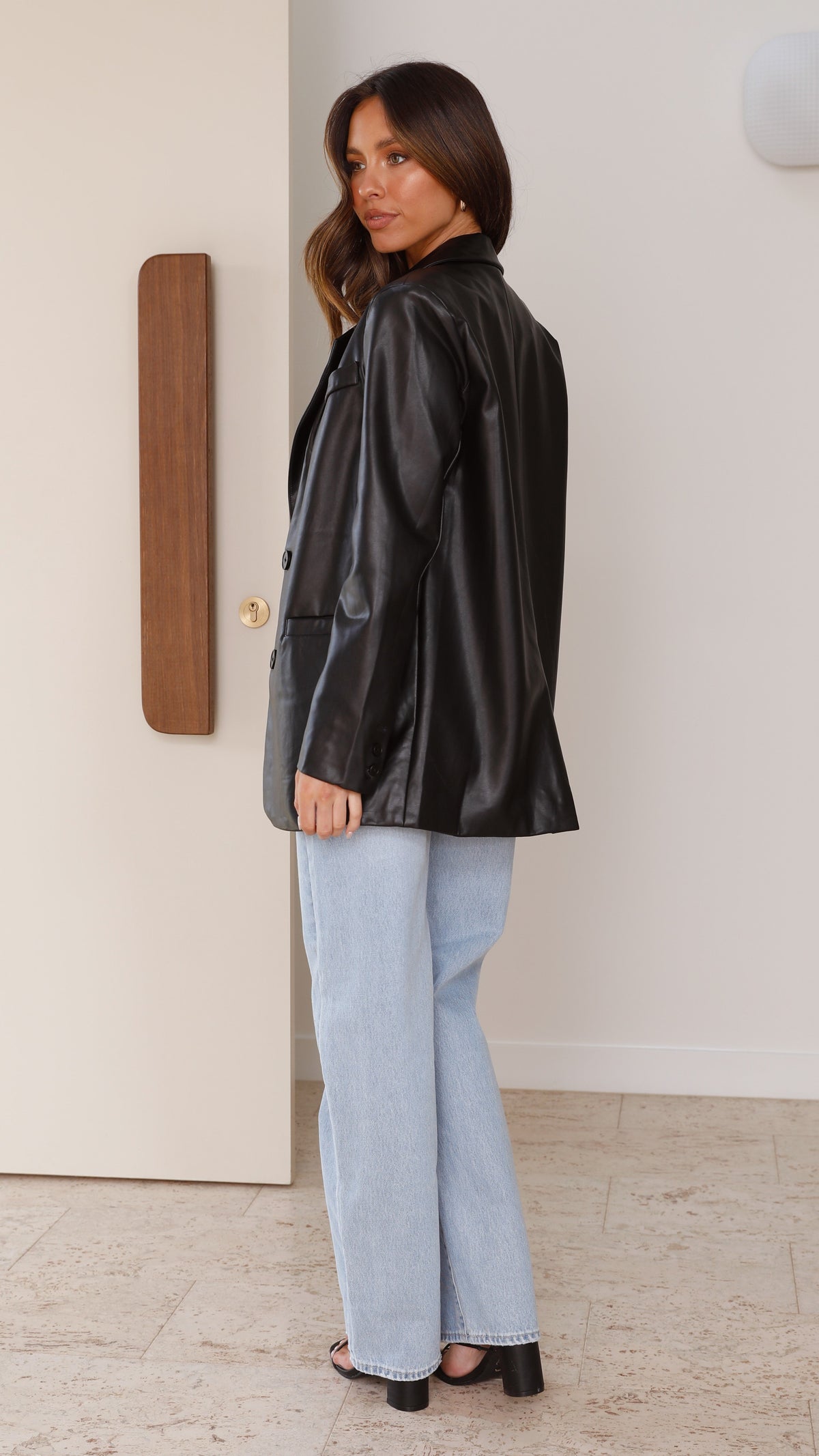 Belinda Oversized Faux Leather Blazer with Button Front – Black – view 2