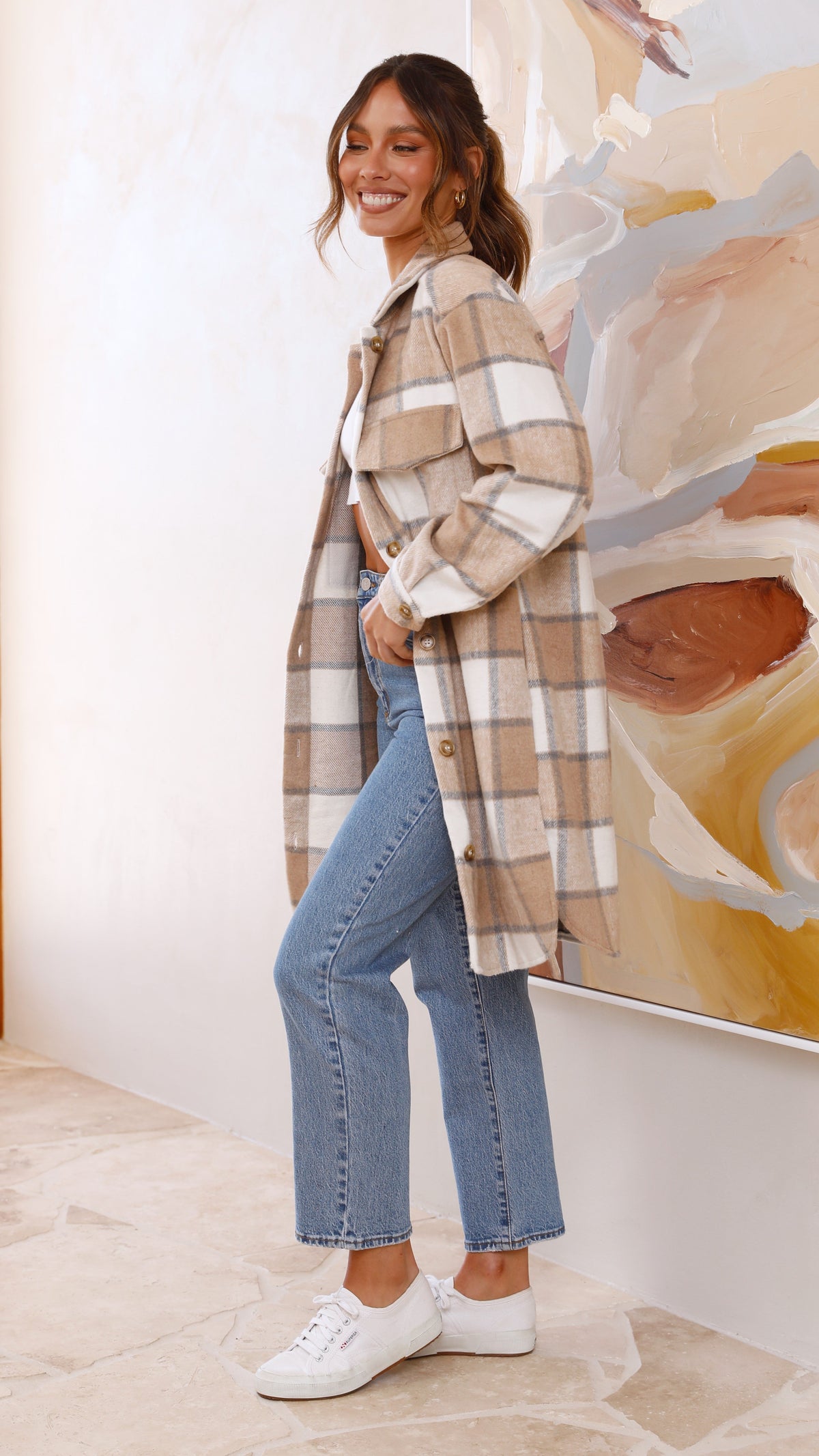 Saskia Oversized Longline Collared Jacket – Beige/Cream Check – view 9
