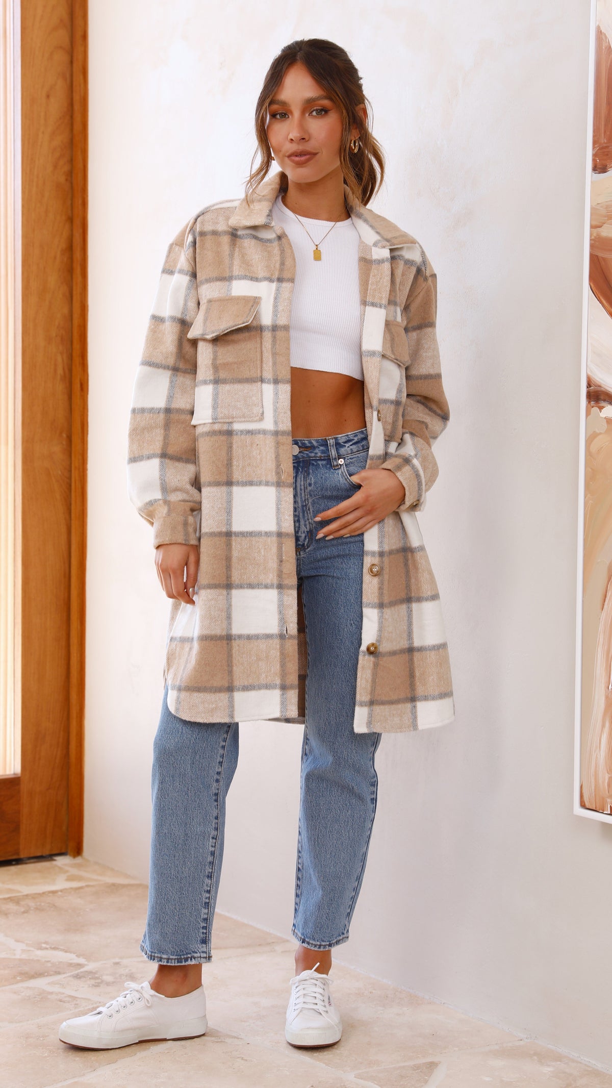Saskia Oversized Longline Collared Jacket – Beige/Cream Check – view 10