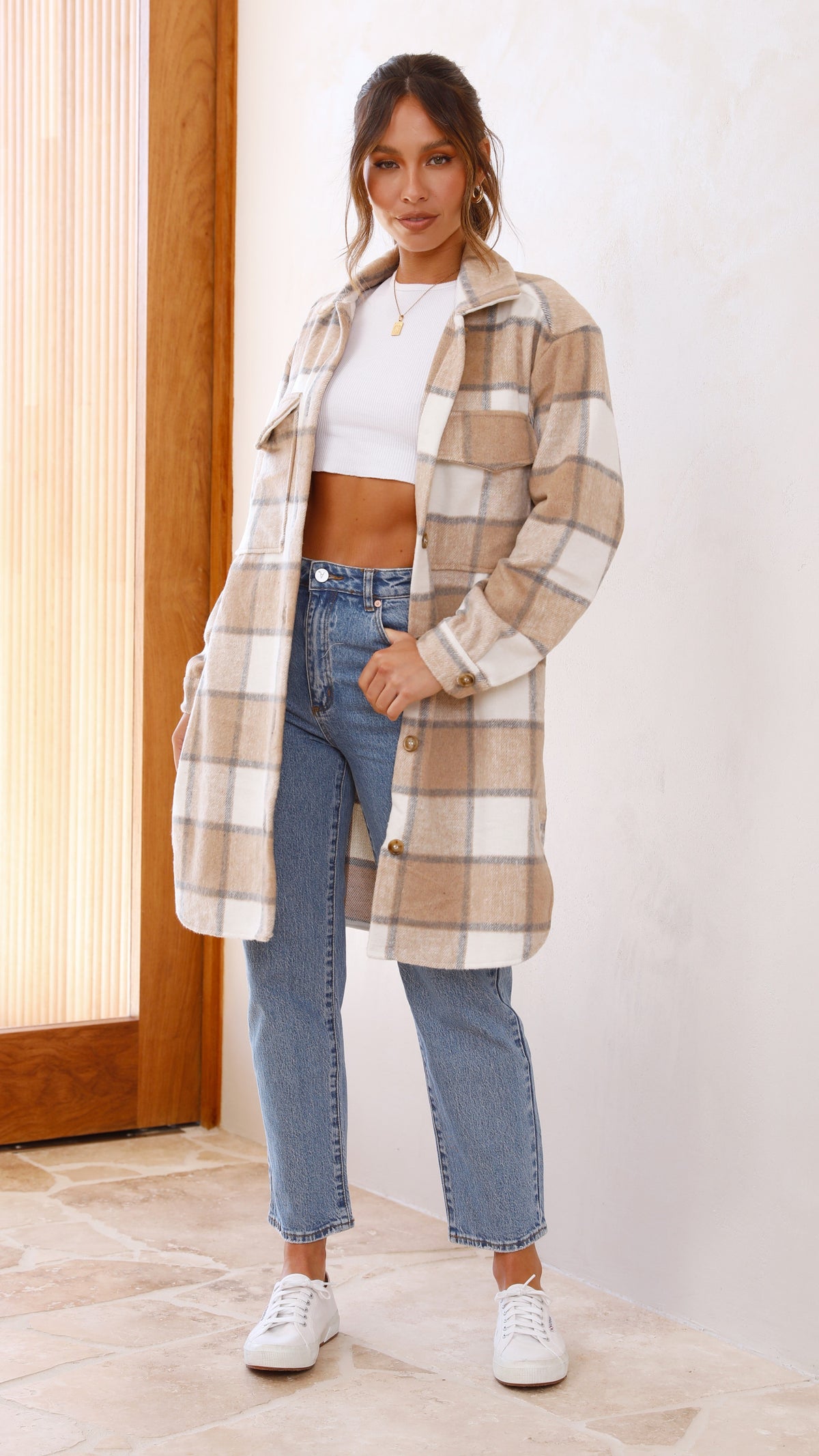 Saskia Oversized Longline Collared Jacket – Beige/Cream Check – view 13