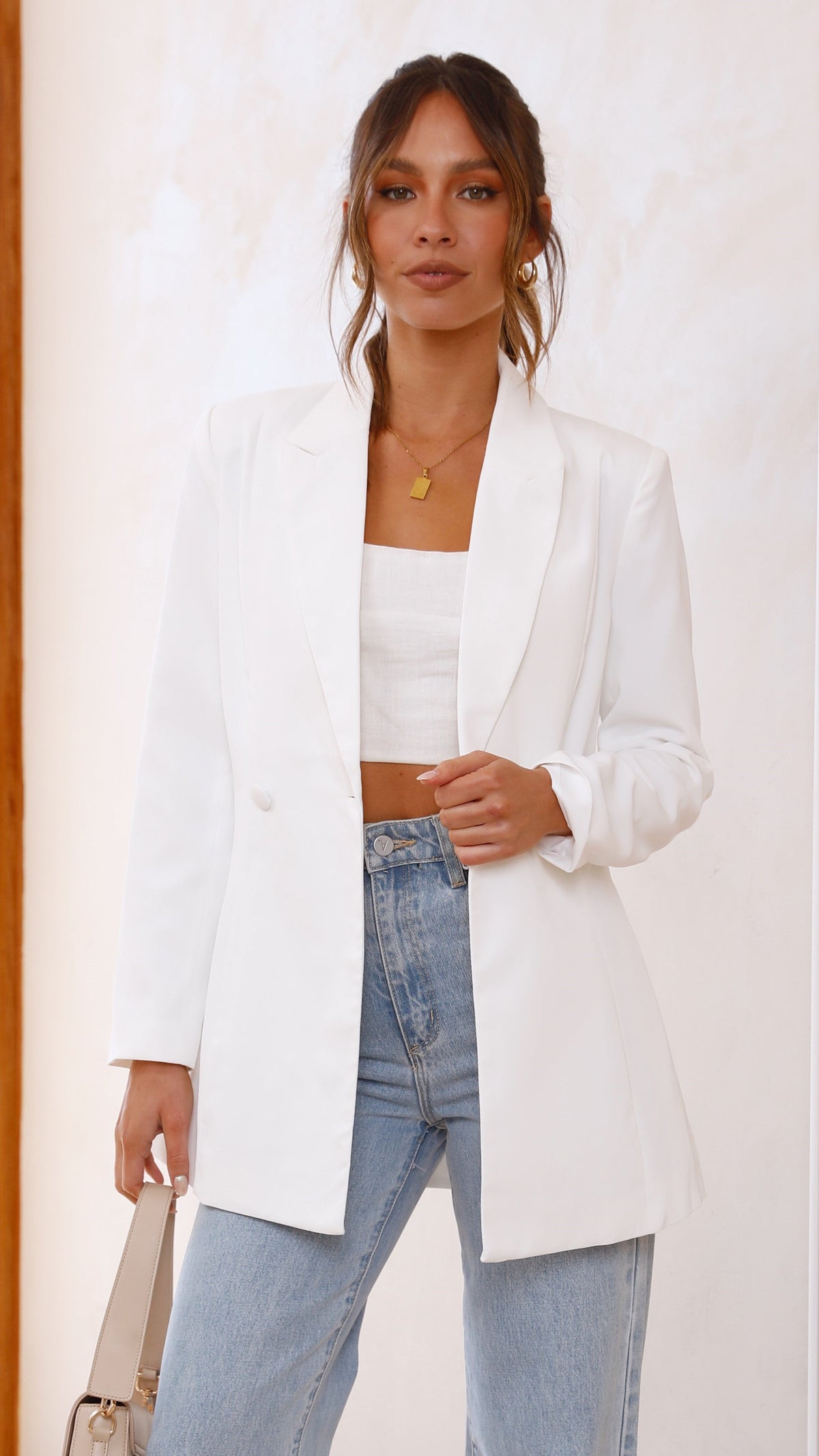 Hada Collared Lapel Lined Blazer with Side Pockets – White – view 3