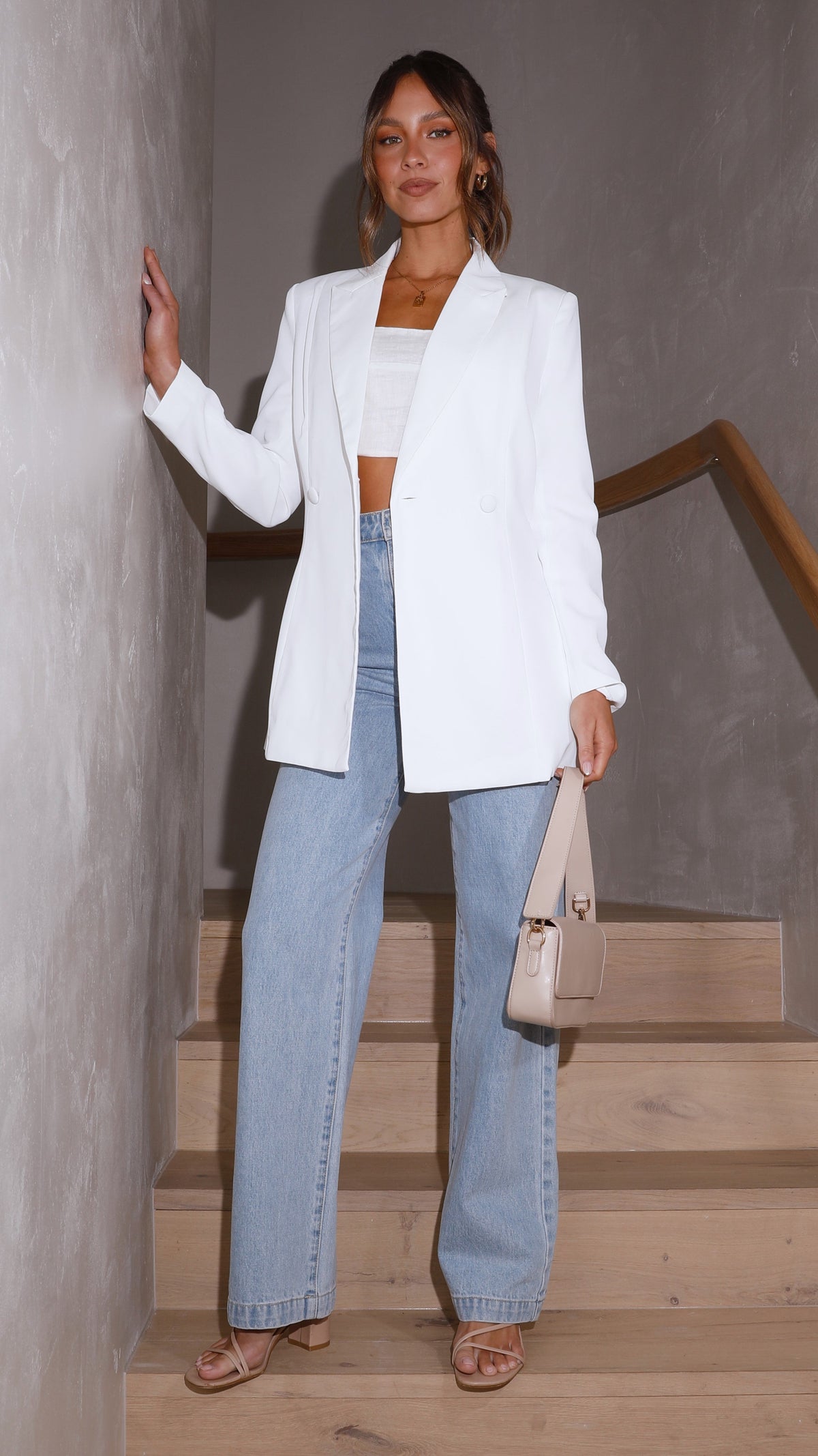 Hada Collared Lapel Lined Blazer with Side Pockets – White – view 5