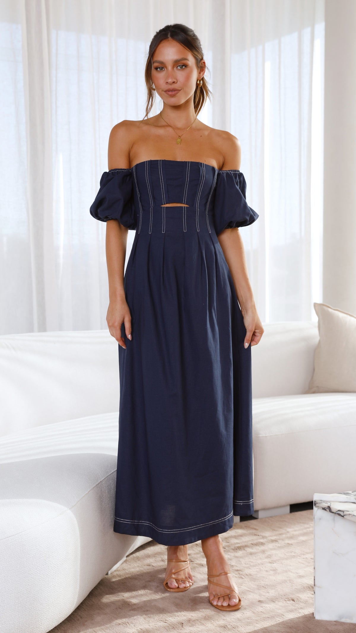 Claira Square Neck Balloon Sleeve Cut-Out Midi Dress – Navy – view 4