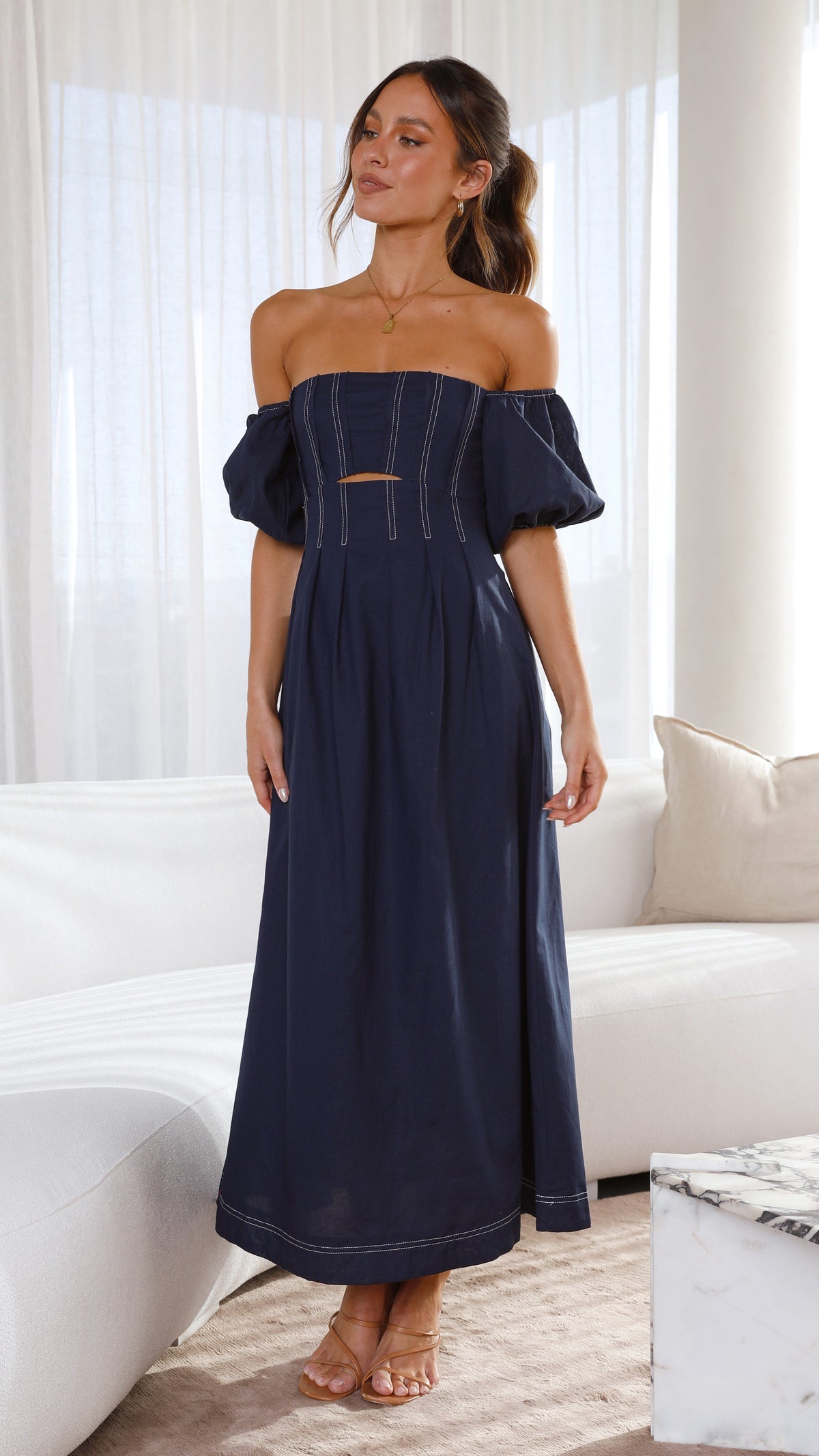 Claira Square Neck Balloon Sleeve Cut-Out Midi Dress – Navy – view 6