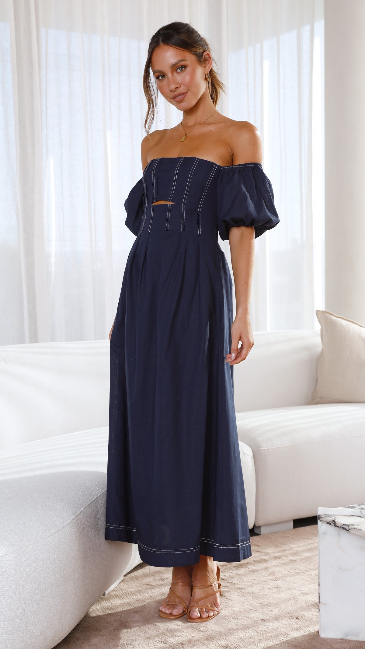 Claira Square Neck Balloon Sleeve Cut-Out Midi Dress – Navy – view 3