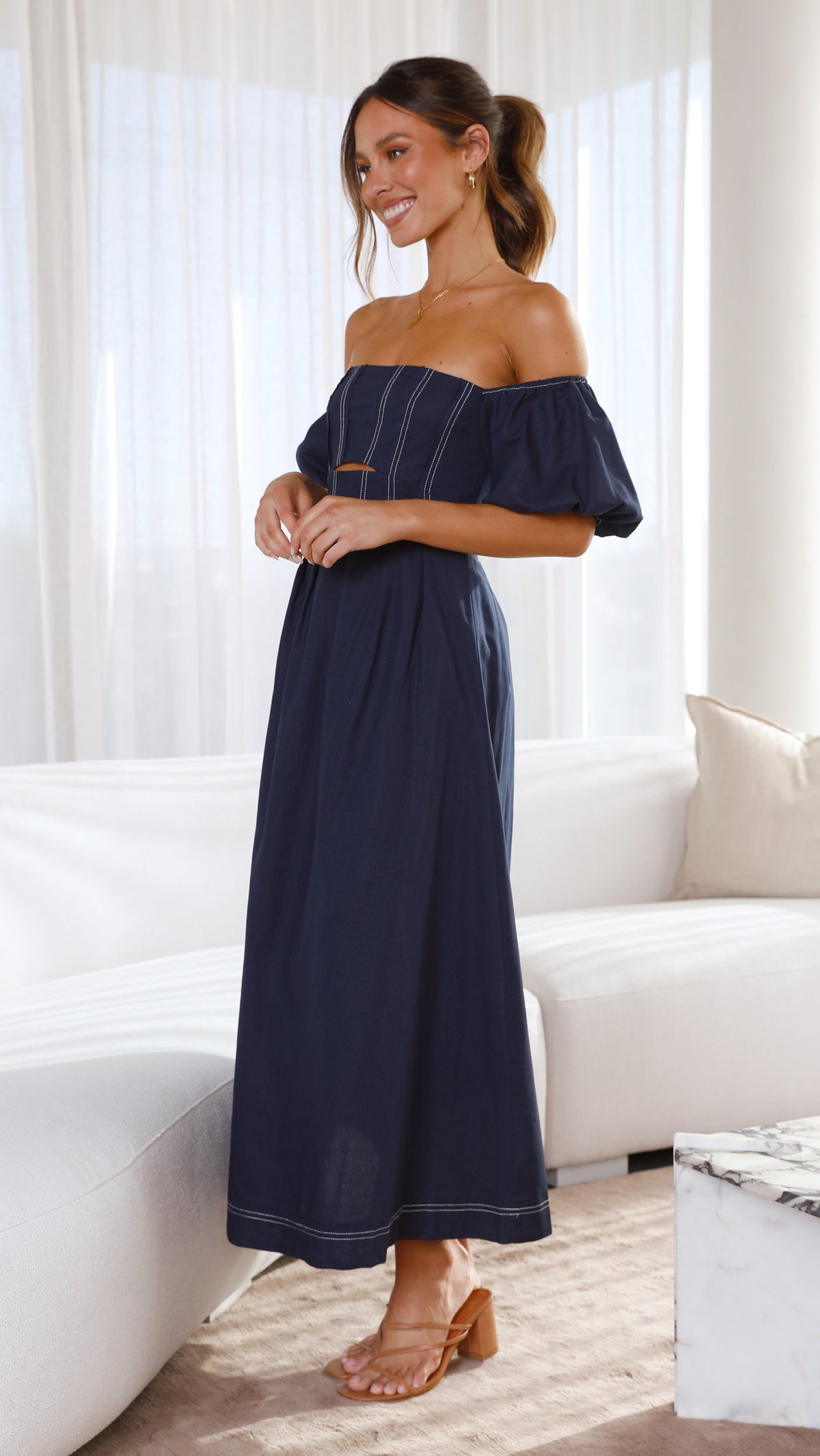 Claira Square Neck Balloon Sleeve Cut-Out Midi Dress – Navy – view 9