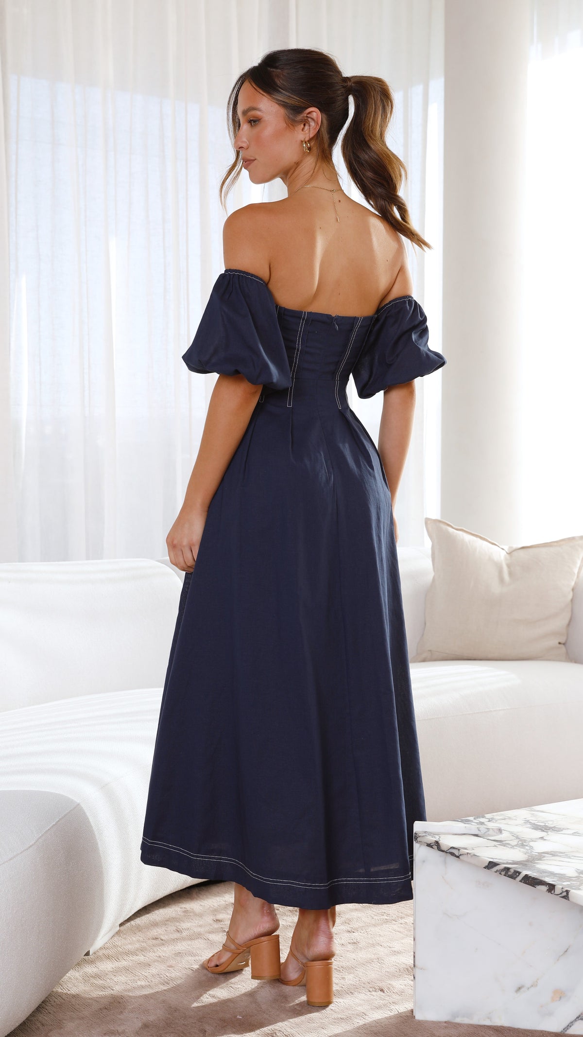 Claira Square Neck Balloon Sleeve Cut-Out Midi Dress – Navy – view 2