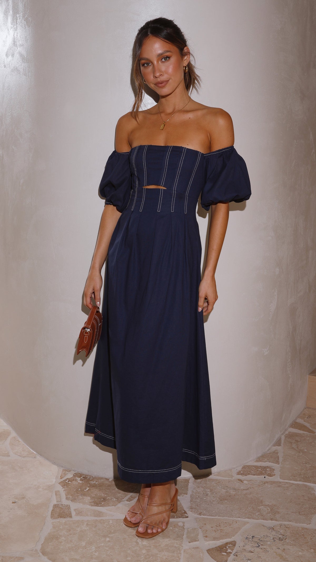 Claira Square Neck Balloon Sleeve Cut-Out Midi Dress – Navy – view 7