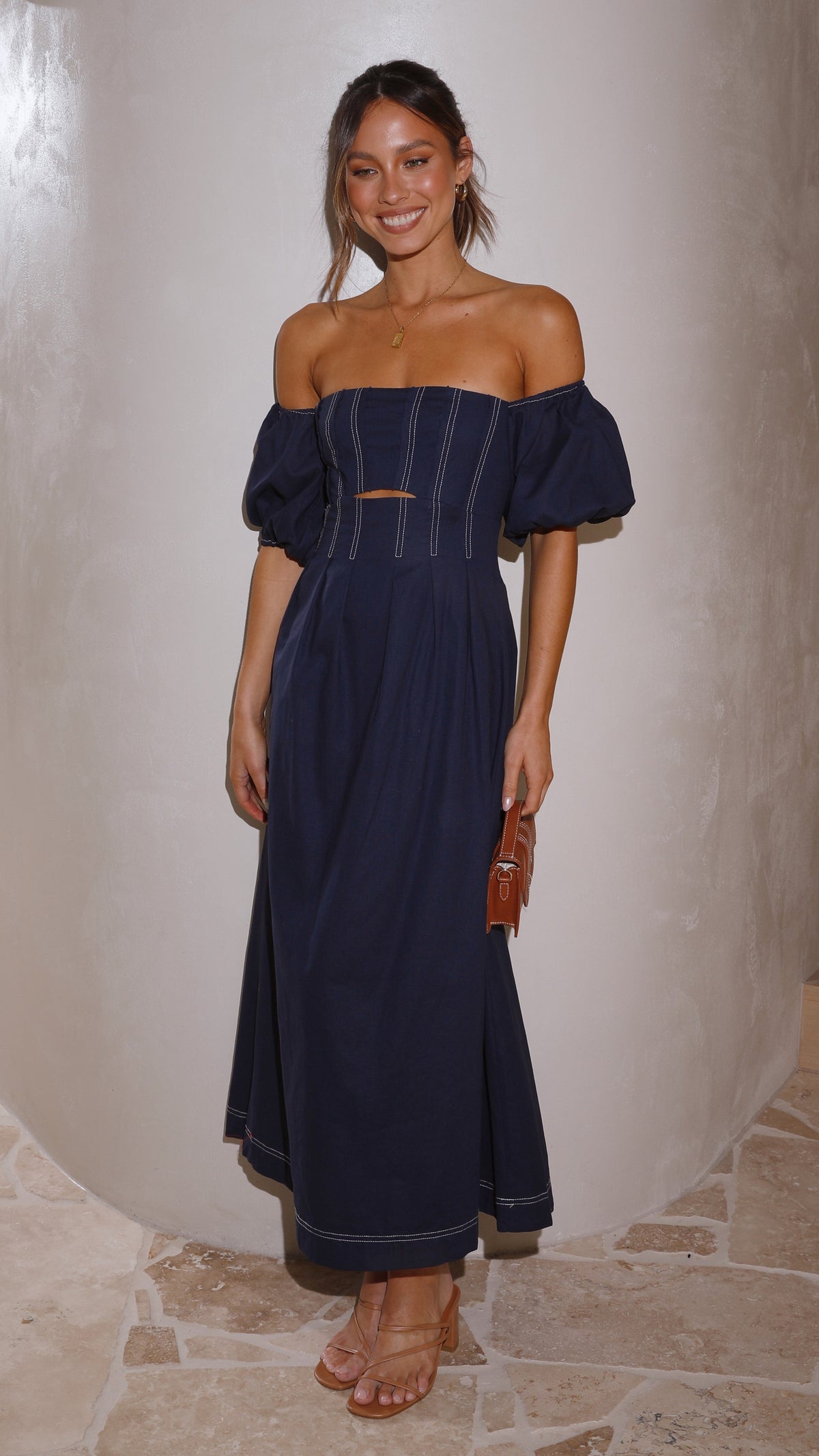 Claira Square Neck Balloon Sleeve Cut-Out Midi Dress – Navy – view 8