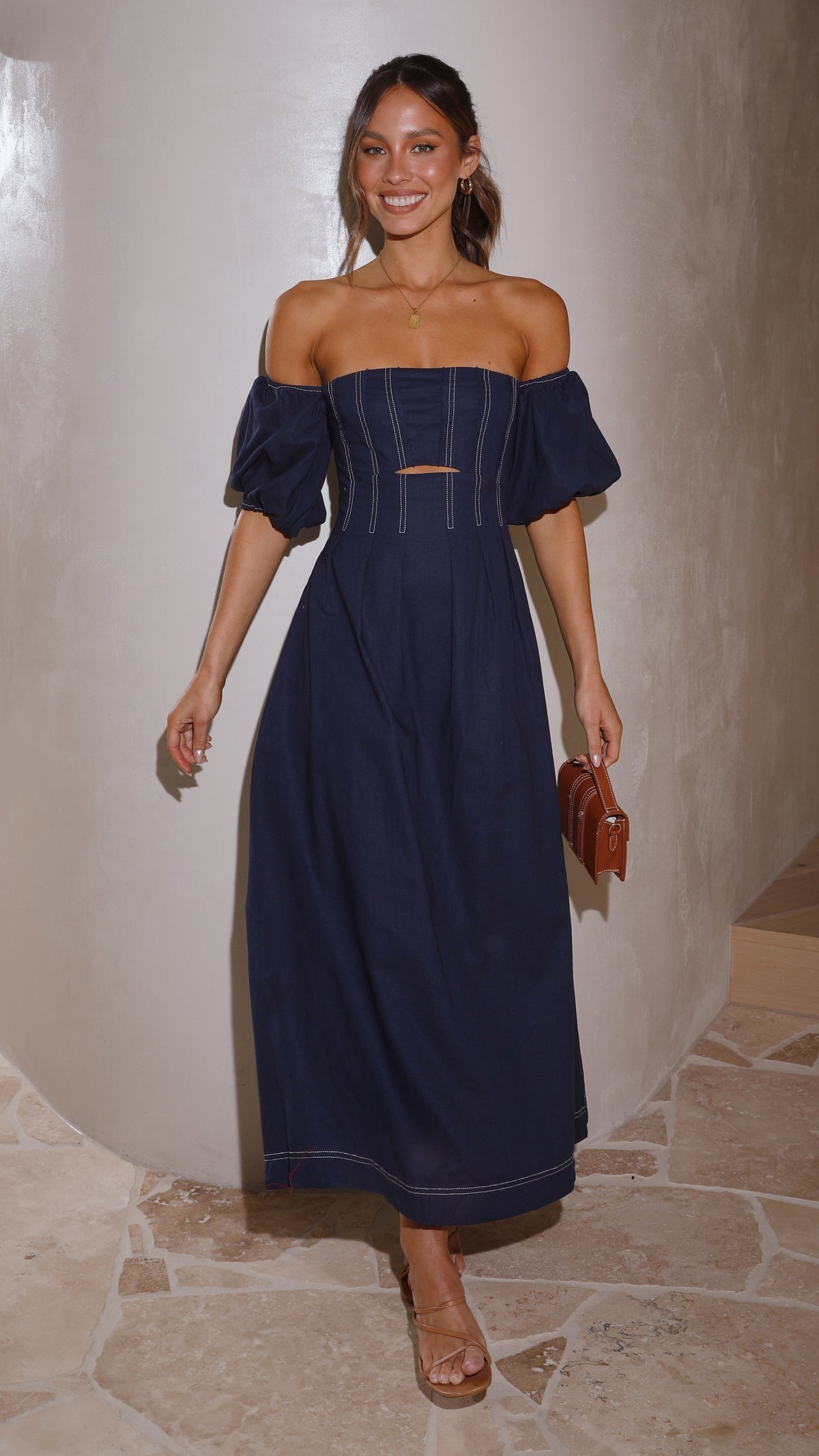 Claira Square Neck Balloon Sleeve Cut-Out Midi Dress – Navy – view 5