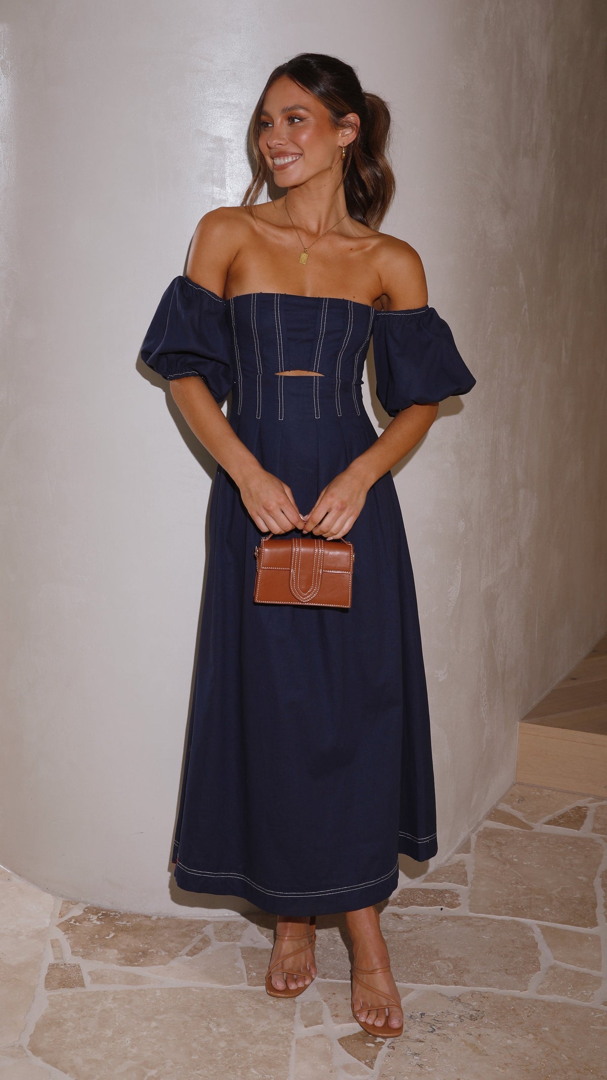Claira Square Neck Balloon Sleeve Cut-Out Midi Dress – Navy