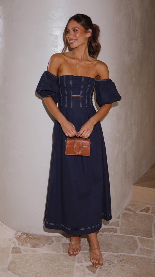 Claira Square Neck Balloon Sleeve Cut-Out Midi Dress – Navy