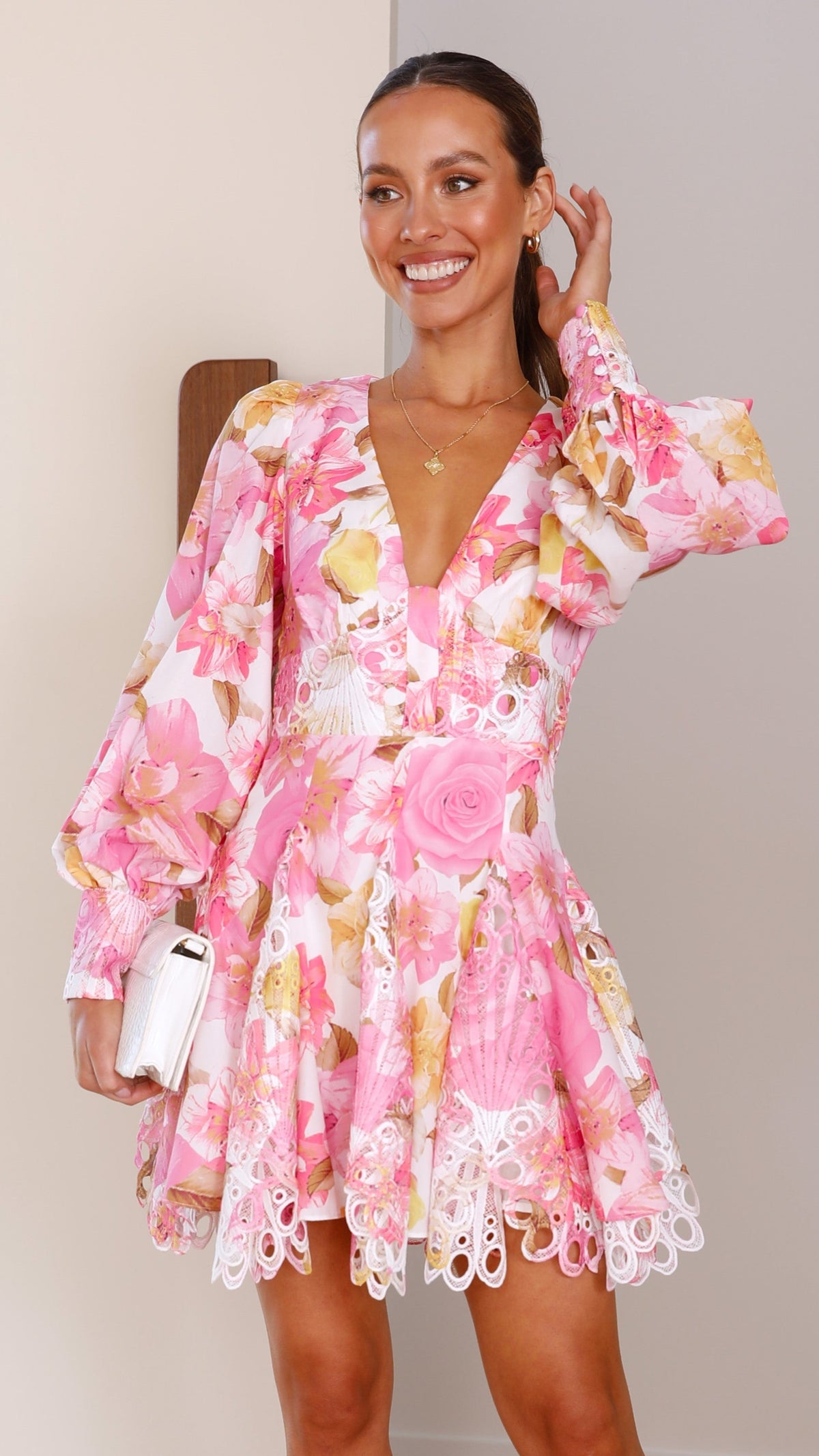 Felicity V-Neck Balloon Sleeve Lace Trim Mini Dress – Pink Floral – view 1