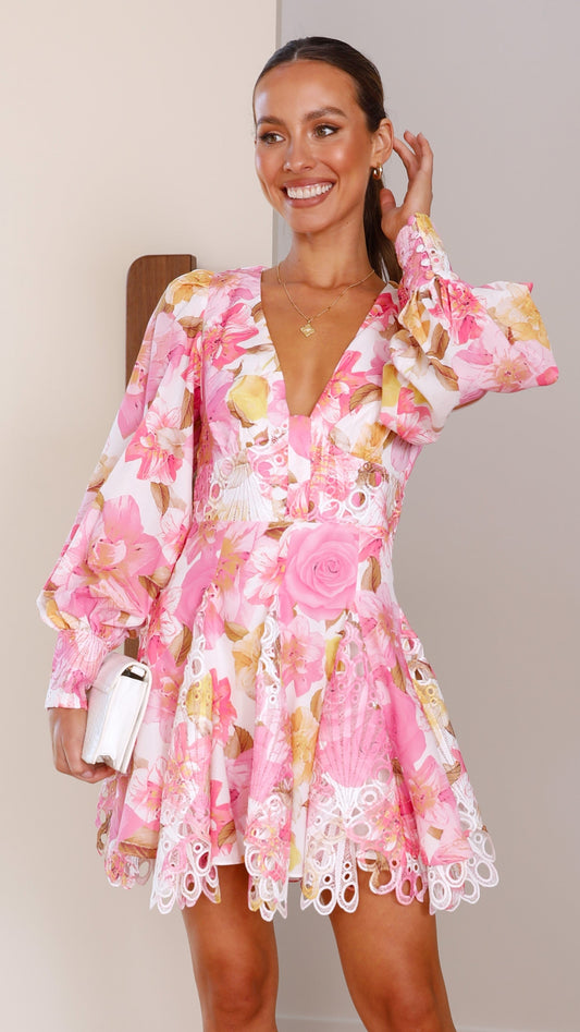 Felicity V-Neck Balloon Sleeve Lace Trim Mini Dress – Pink Floral