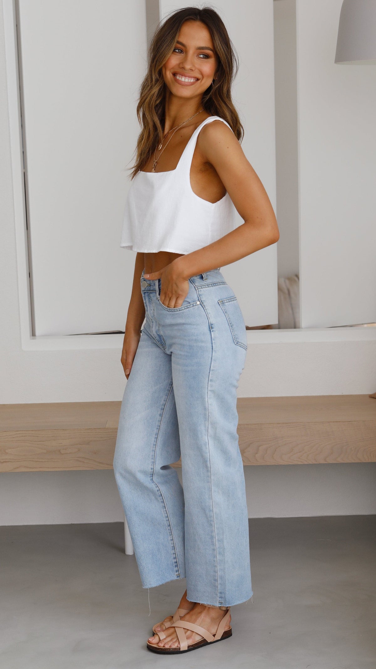 Jaykowa Mid Rise Wide Leg Jeans with Distressed Hem – Light Wash – view 8