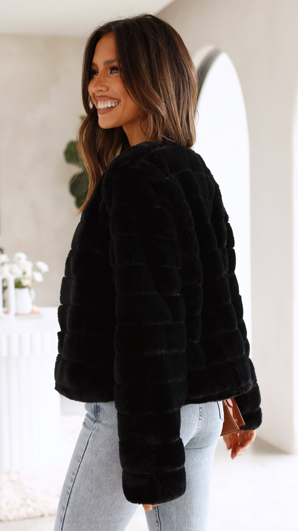 Tully Cropped Faux Fur Jacket with Claw Clasp – Black – view 13