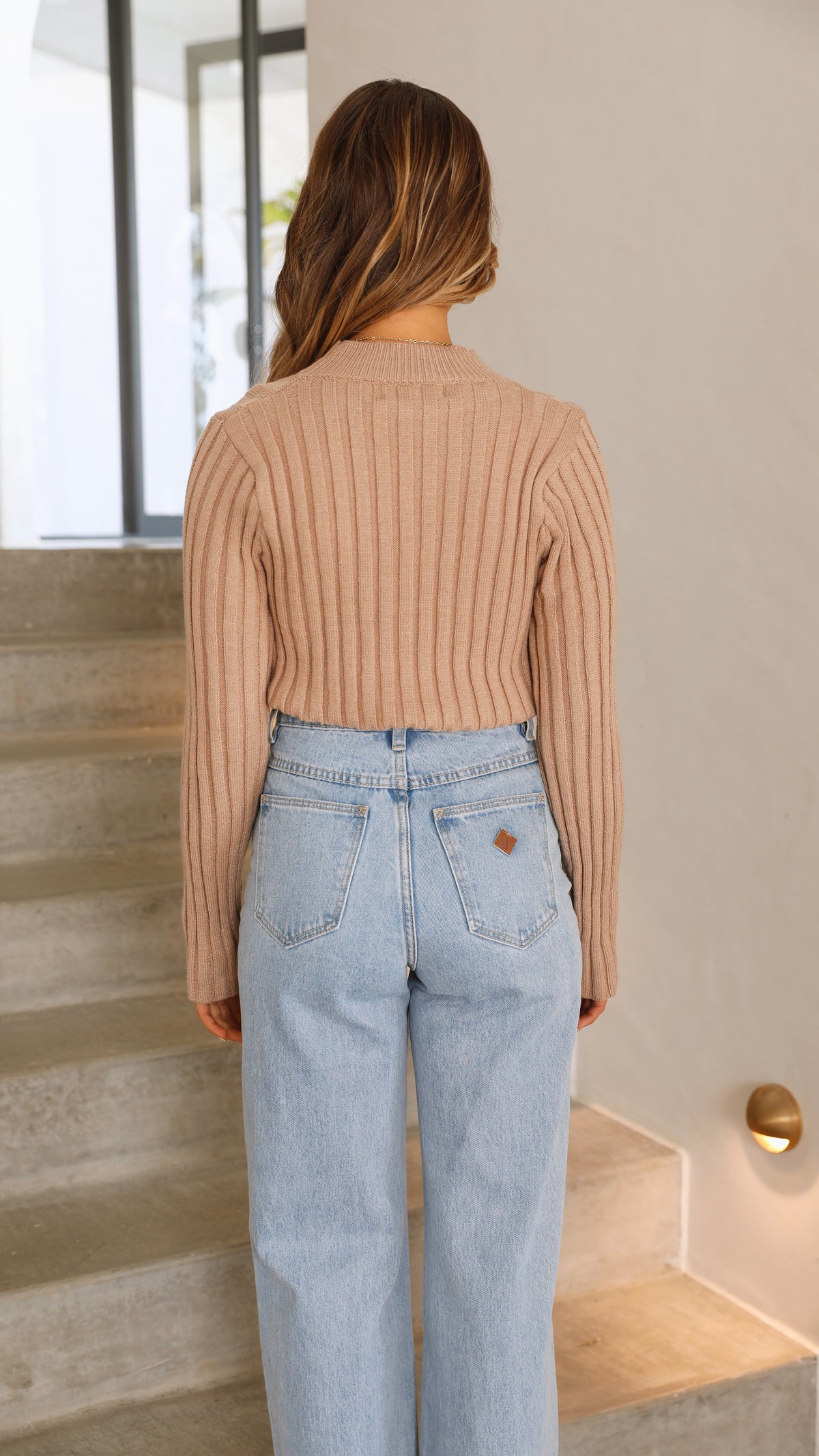Imogen High Neck Long Sleeve Ribbed Knit Crop Top – Camel – view 2