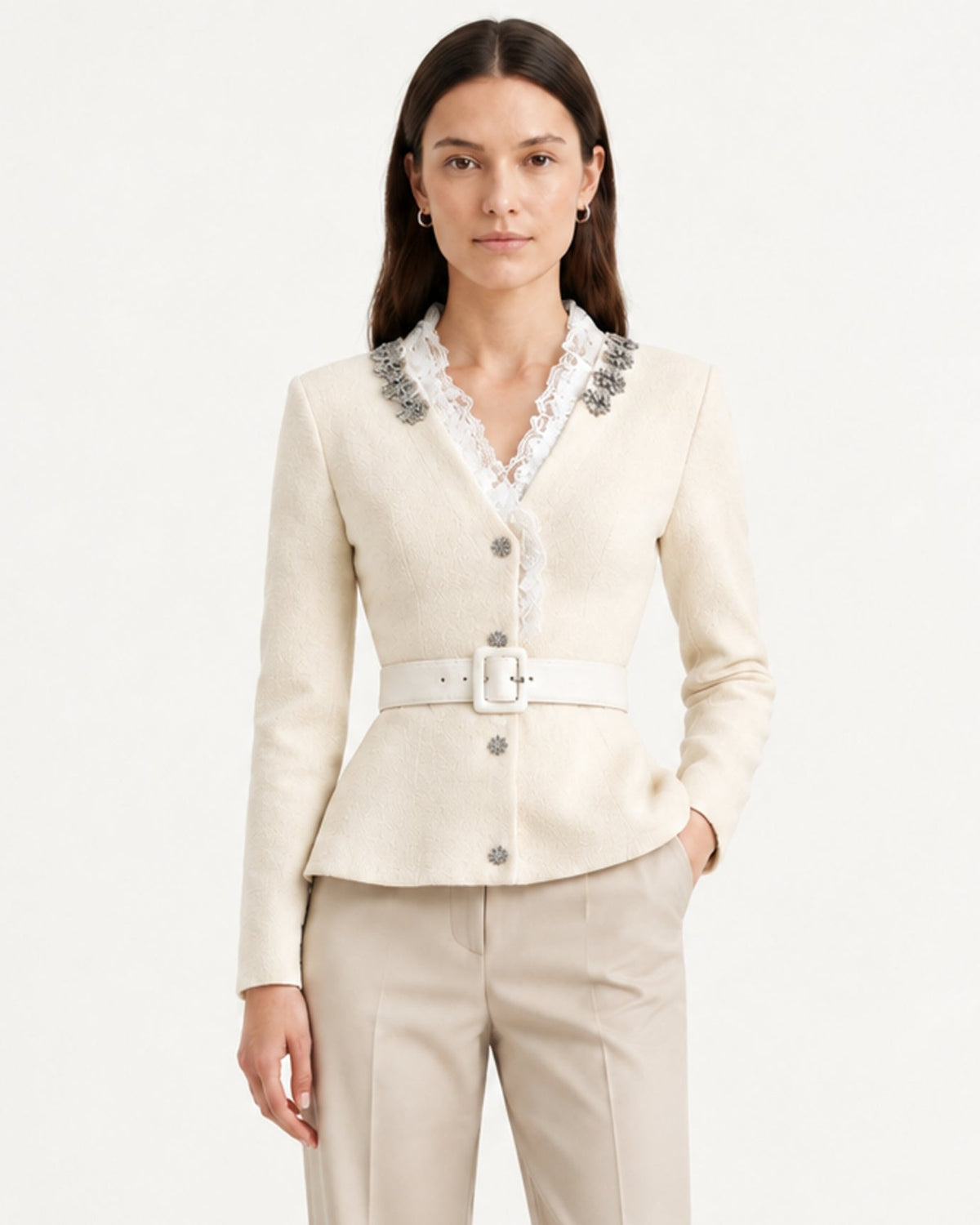 Rhinestone Embellished Lace Trim Wool Knit Cardigan – view 8