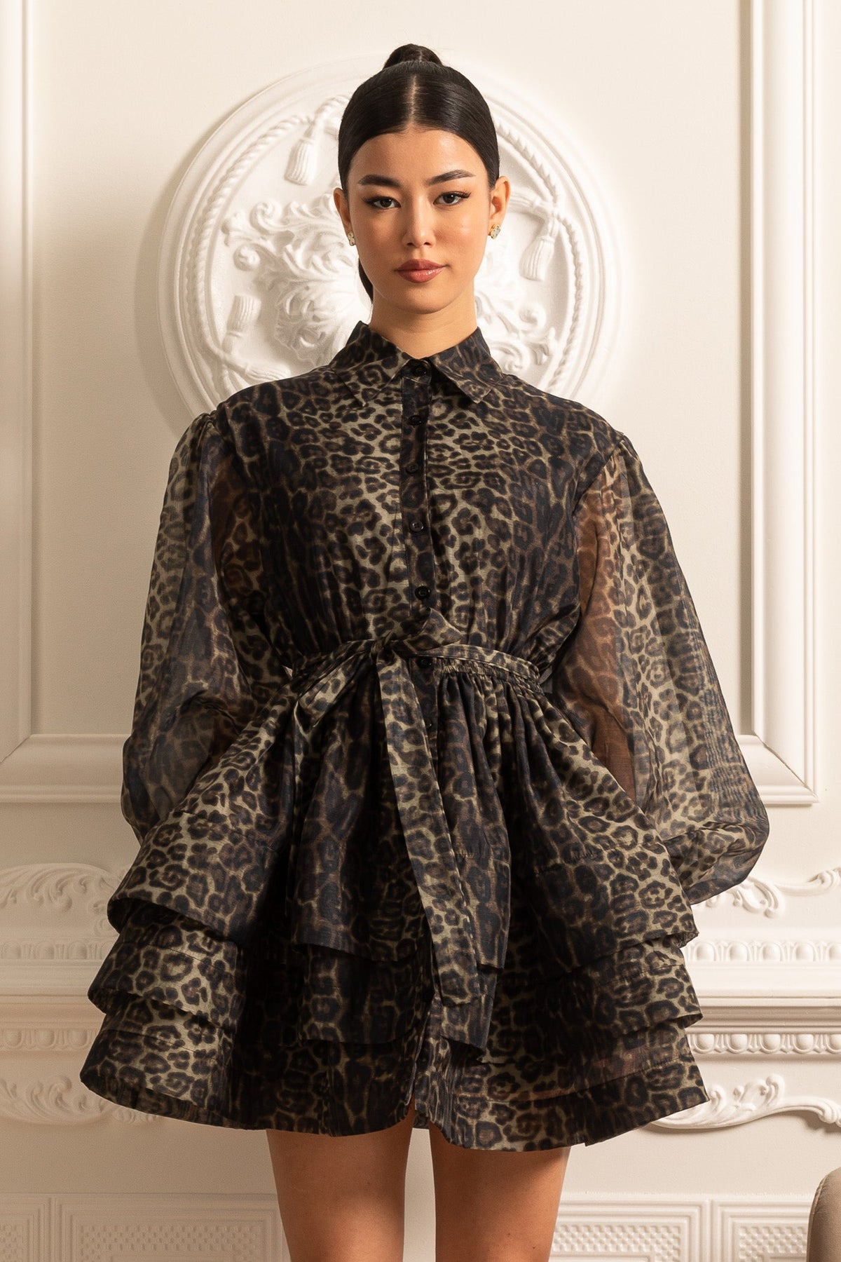 Leopard Print Long Sleeve Mini Dress with Layered Full Skirt – Black – view 3