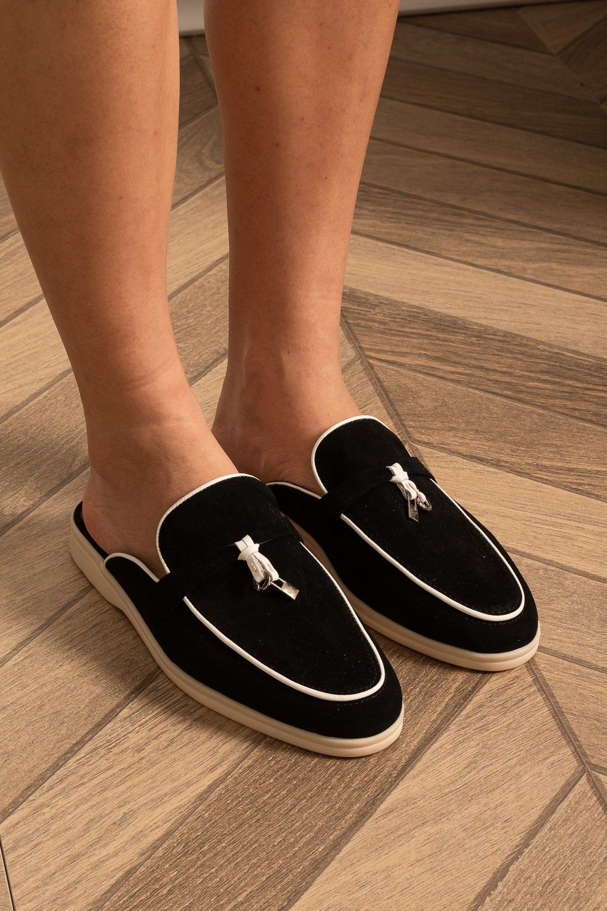 Suede Loafers with Metal Charms and Contrasting Beige Sole – Black and White – view 1