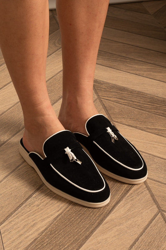 Suede Loafers with Metal Charms and Contrasting Beige Sole – Black and White