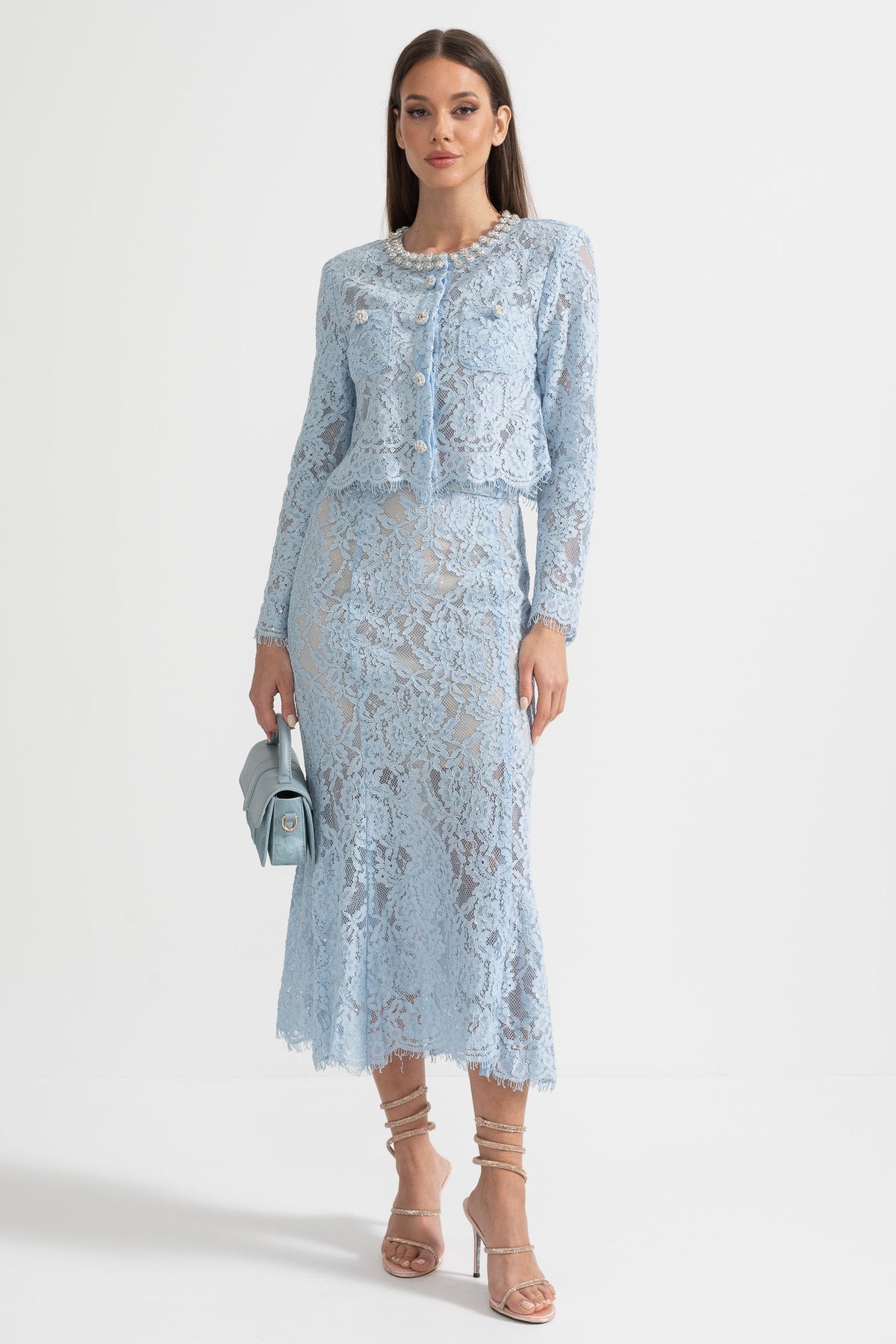Long Sleeve Lace Top and Midi Skirt Co-ord with Sparkling Neckline – Blue
