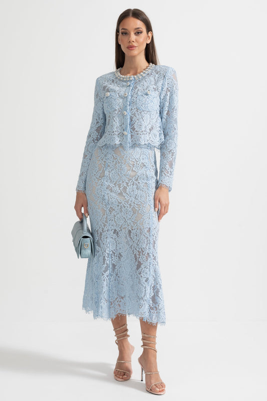 Long Sleeve Lace Top and Midi Skirt Co-ord with Sparkling Neckline – Blue