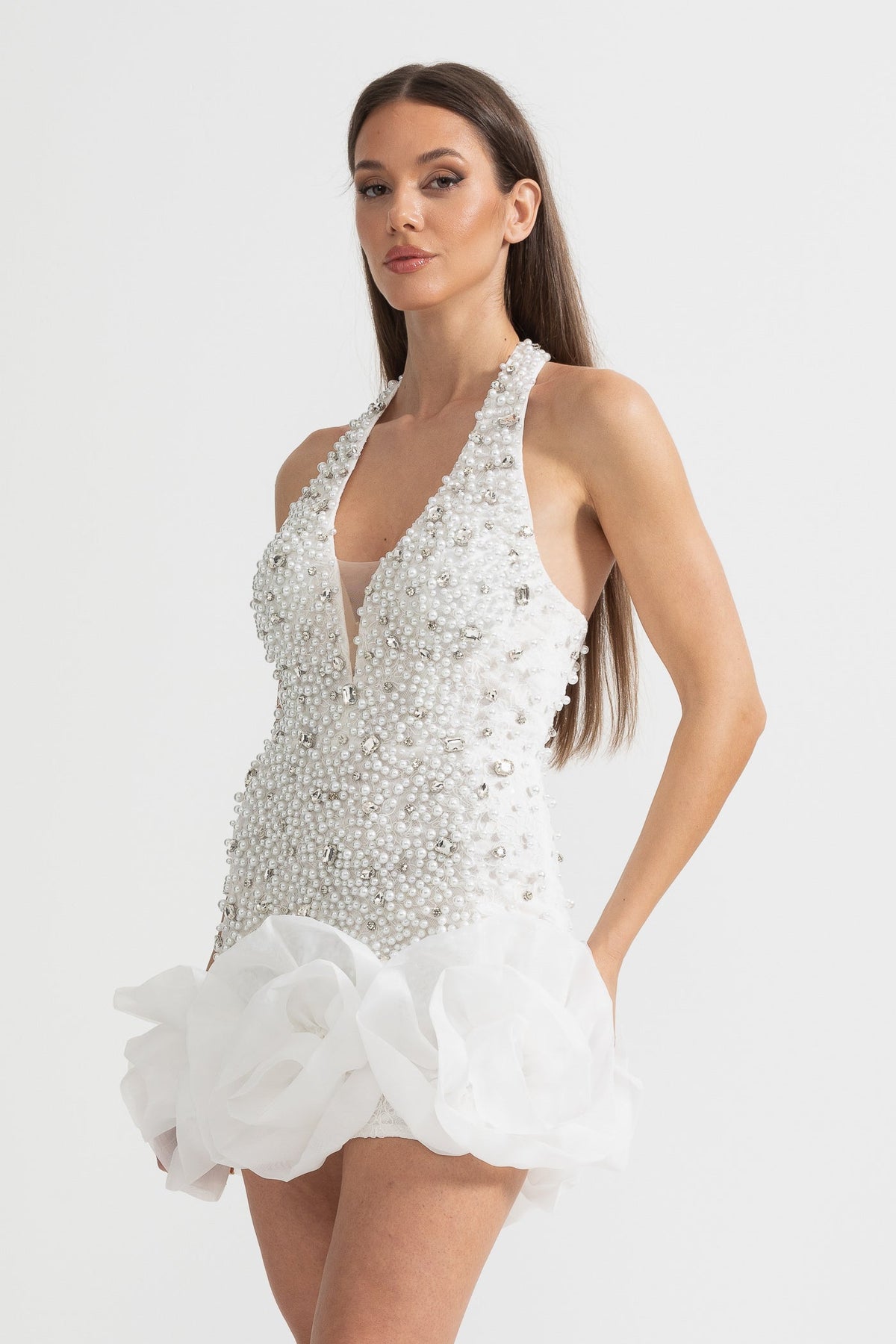 Deep V-Neck Pearl and Bead Embellished Mini Dress – White