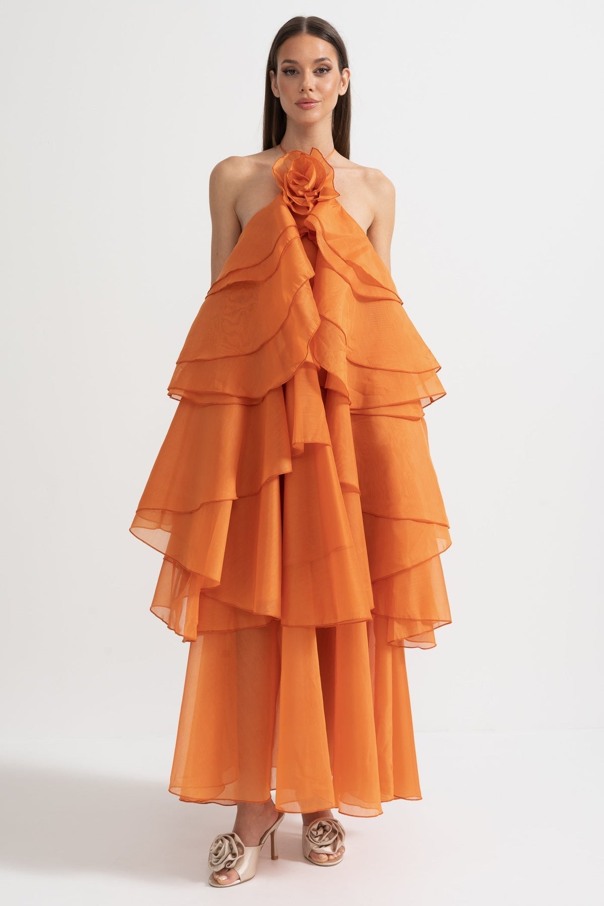 Layered Ruffle Halter Maxi Dress with Neckline Flower – Orange