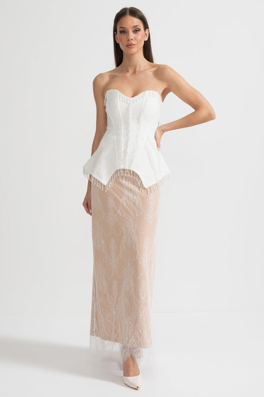 Strapless Corset Gown with Sheer Nude Maxi Skirt – White