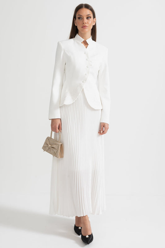 Mandarin Collar Jacket and Pleated Maxi Skirt Co-ord Set – White