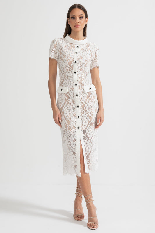 Short Sleeve High Collar Lace Dress with Matching Belt – White