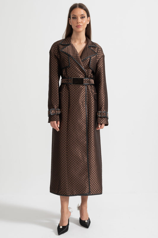 Wide Lapel Jacquard Trench Coat with Gold Buckle Waist Belt – Brown