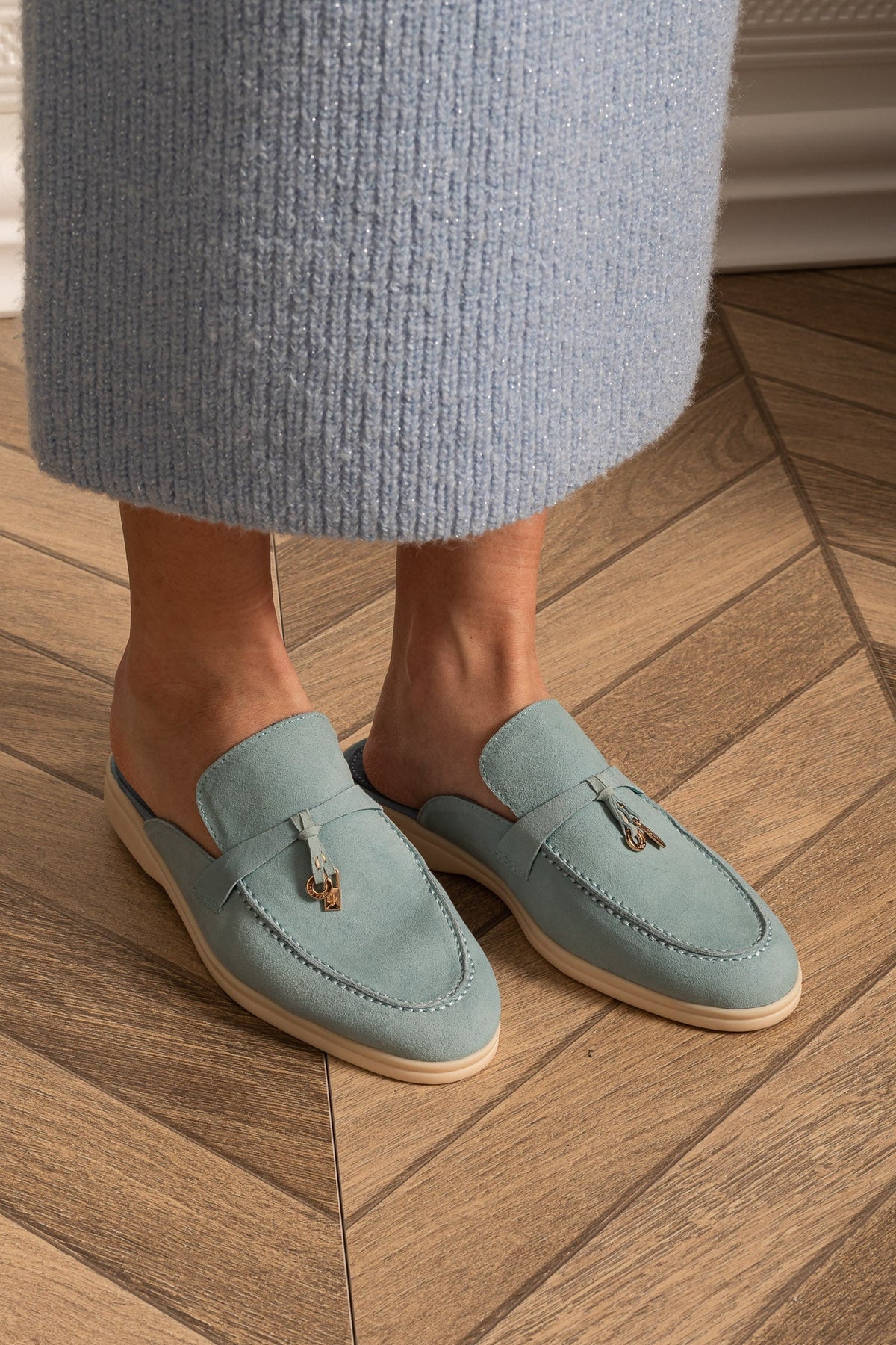 Suede Loafers with Metal Charms and Contrasting Beige Sole – Baby Blue – view 1