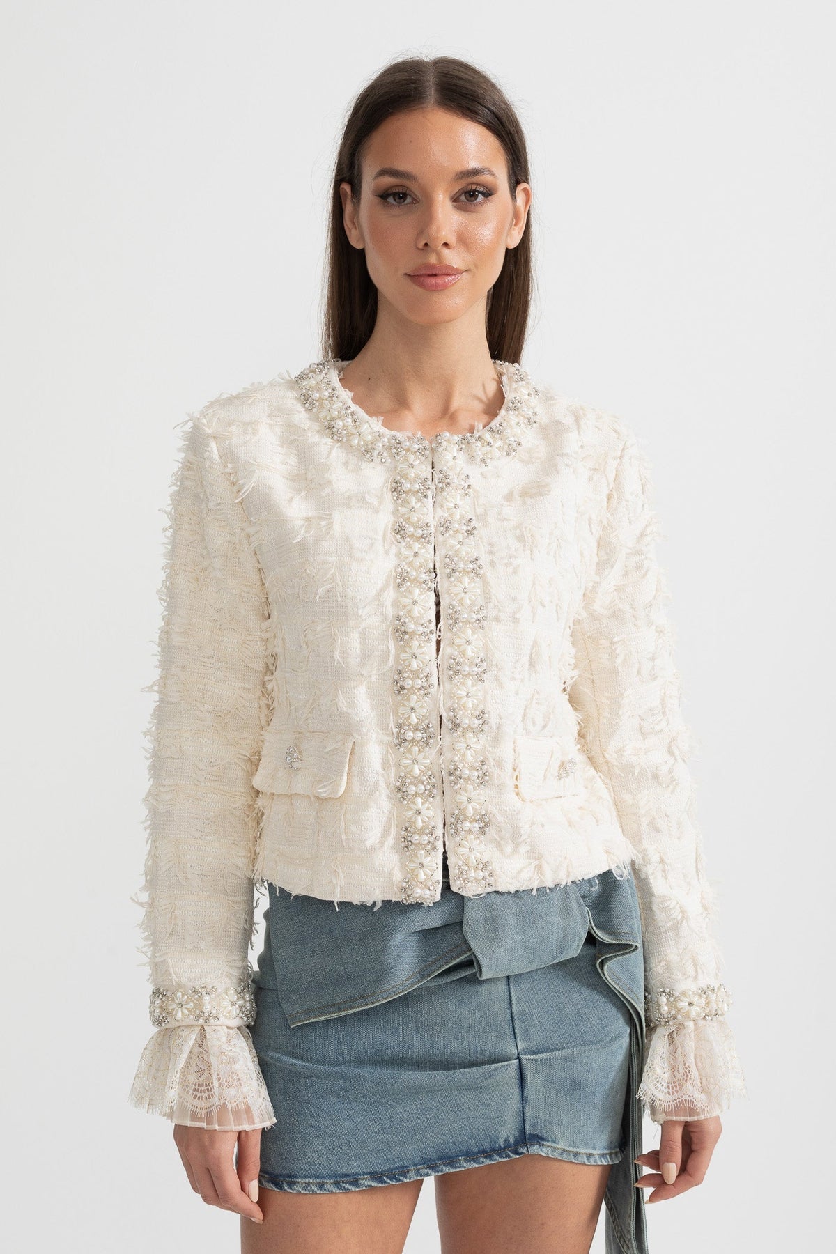 Cropped Tweed-Effect Jacket Top with Pearl and Crystal Trim – Ivoire – view 1
