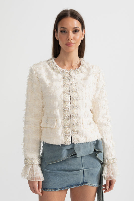 Cropped Tweed-Effect Jacket Top with Pearl and Crystal Trim – Ivoire