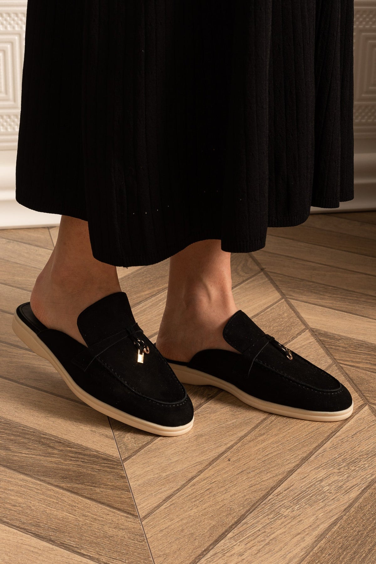 Suede Loafers with Metal Charms and Contrasting Beige Sole – Black – view 5