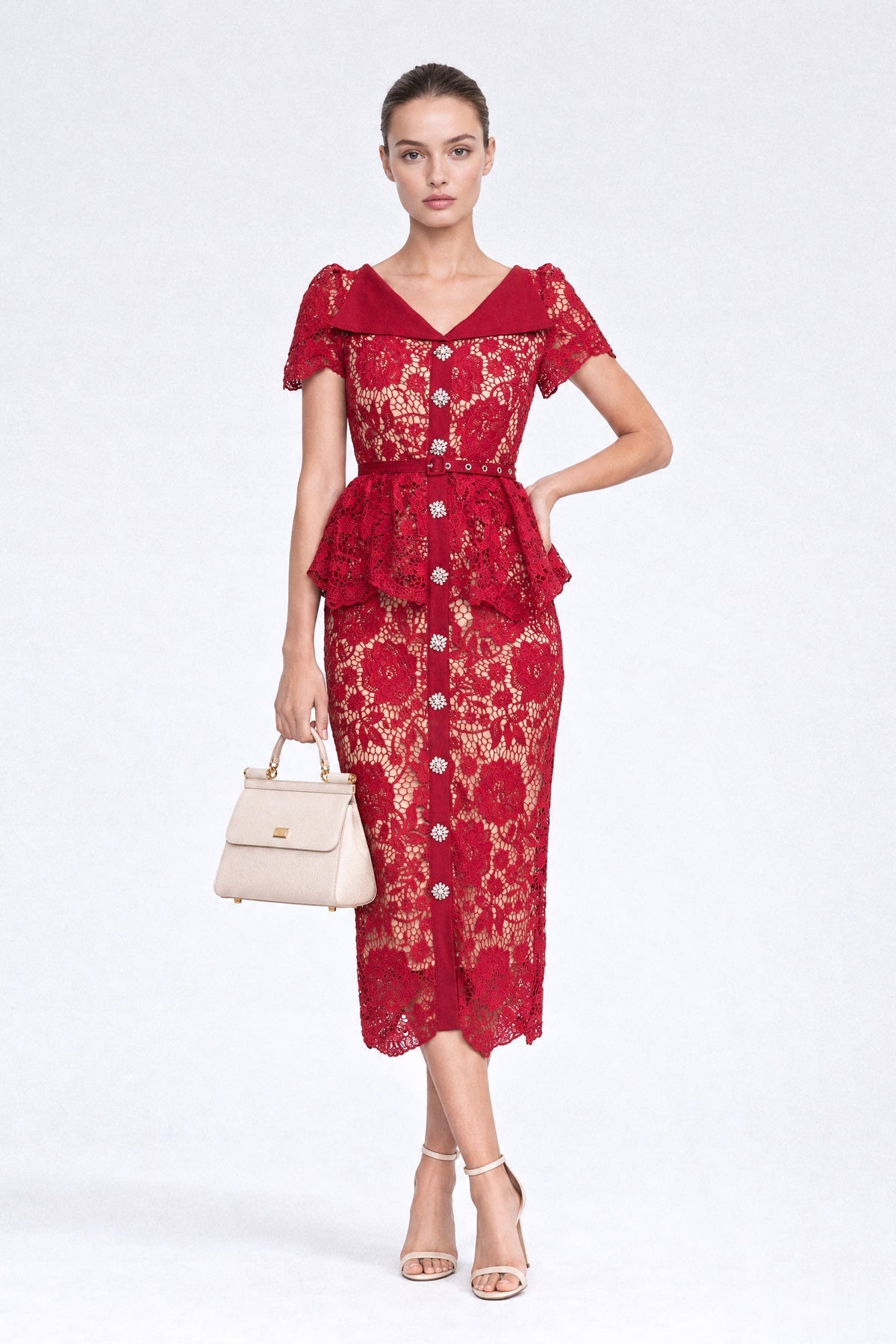 Guipure Lace Peplum Pencil Midi Dress with Crystal Buttons – Red
