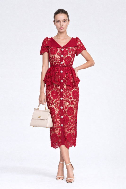 Guipure Lace Peplum Pencil Midi Dress with Crystal Buttons – Red