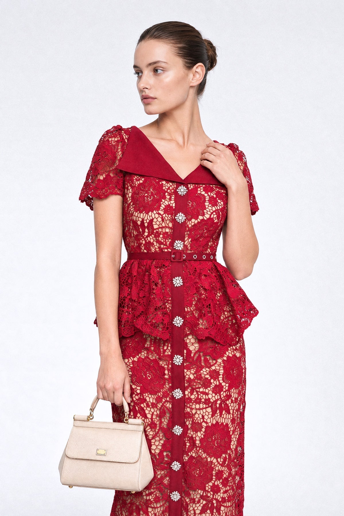 Guipure Lace Peplum Pencil Midi Dress with Crystal Buttons – Red – view 3