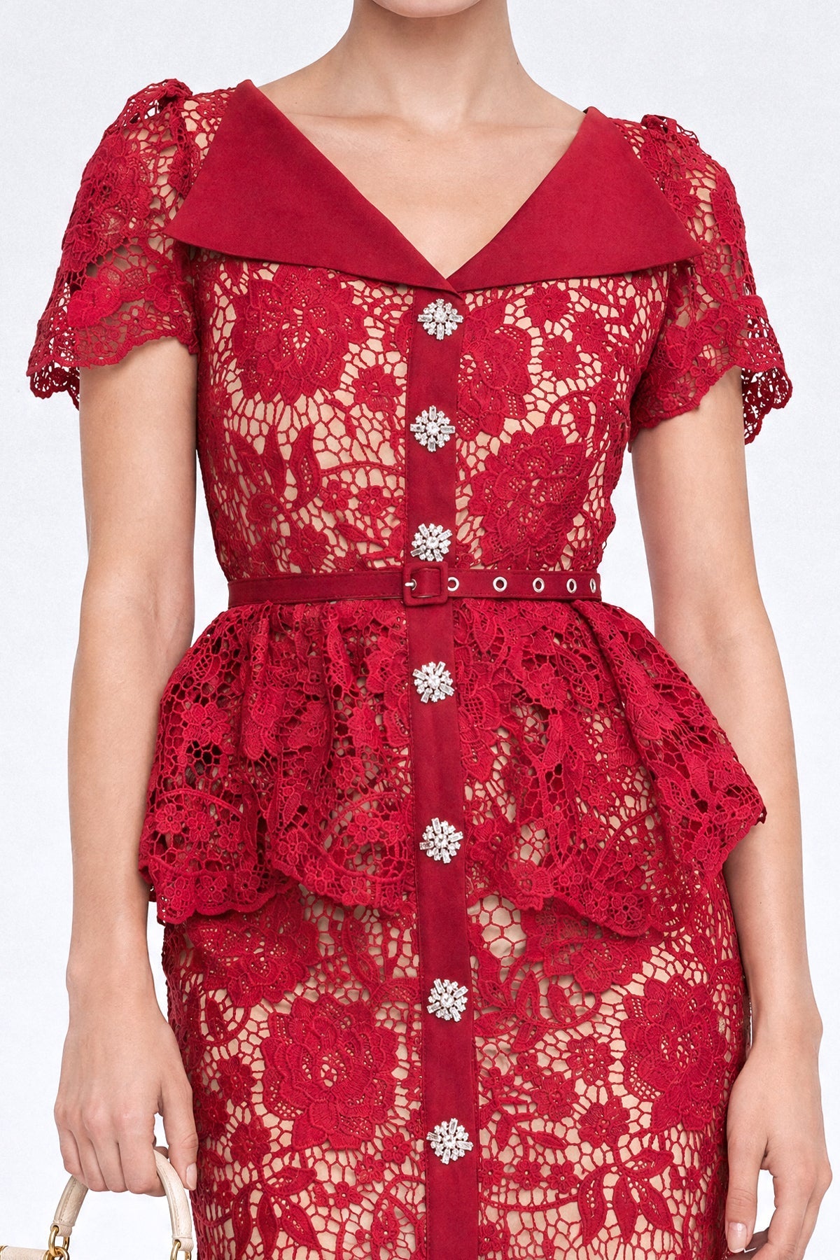 Guipure Lace Peplum Pencil Midi Dress with Crystal Buttons – Red – view 4
