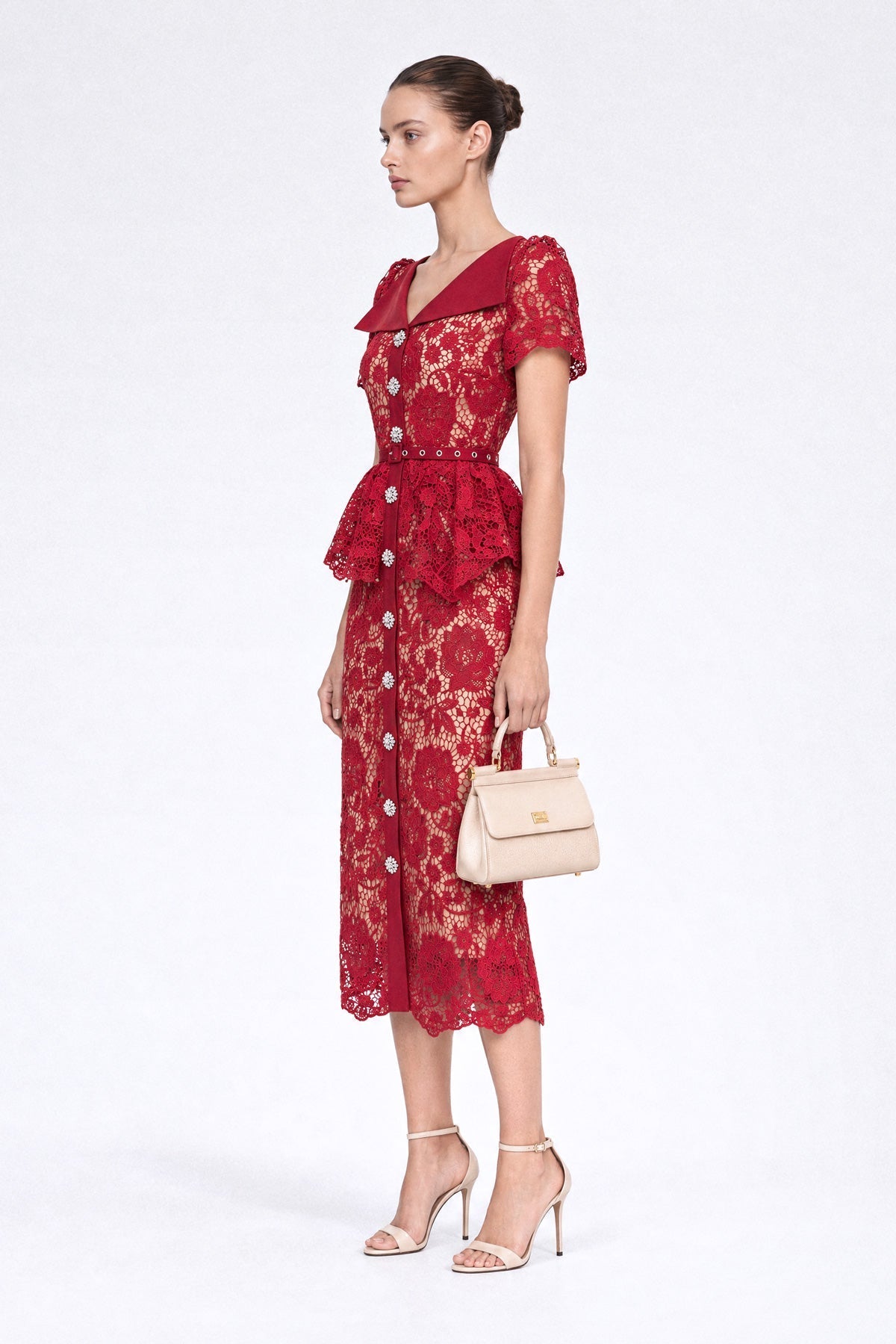 Guipure Lace Peplum Pencil Midi Dress with Crystal Buttons – Red – view 5
