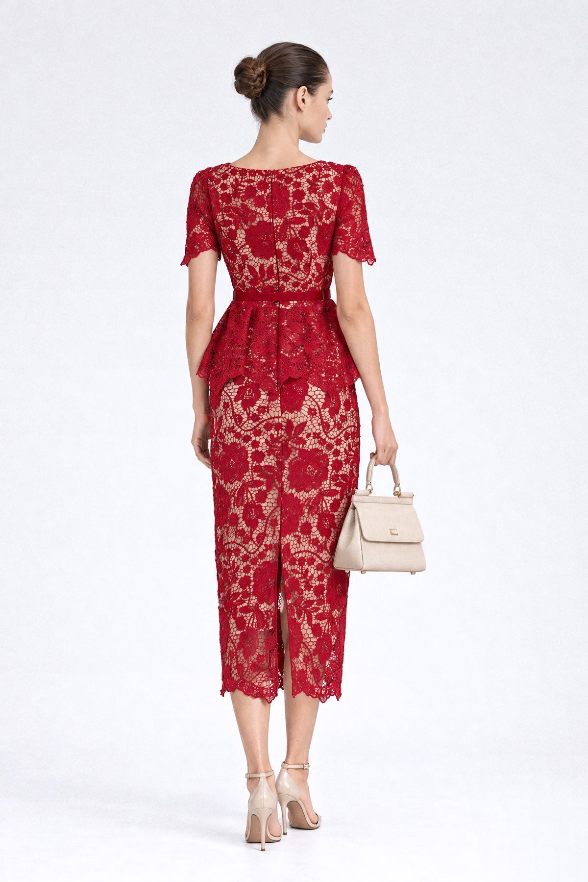 Guipure Lace Peplum Pencil Midi Dress with Crystal Buttons – Red – view 6