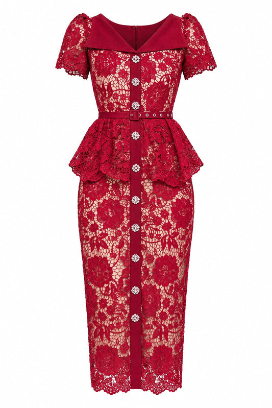Guipure Lace Peplum Pencil Midi Dress with Crystal Buttons – Red – view 2