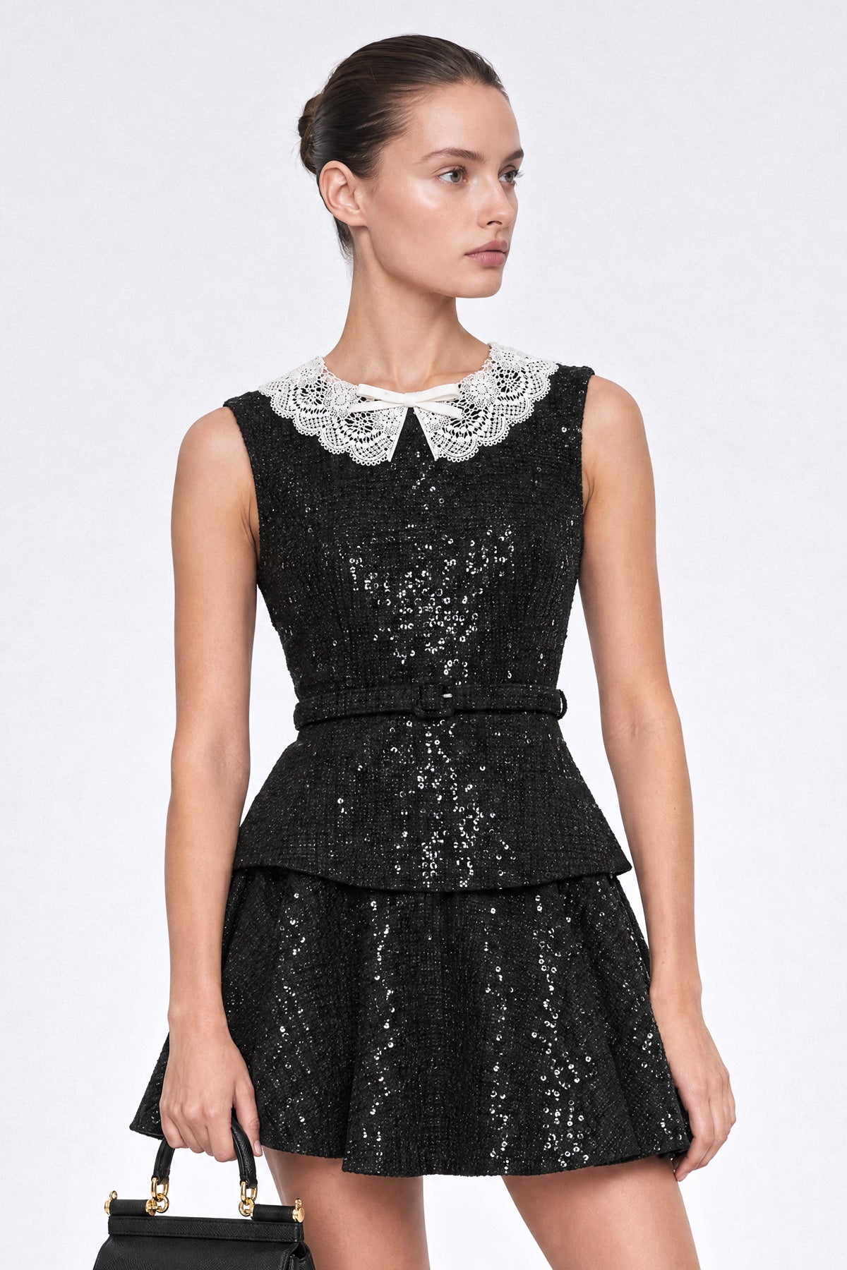 Sequin Bouclé Tweed Peplum Mini Dress with Lace Collar – Black – view 3