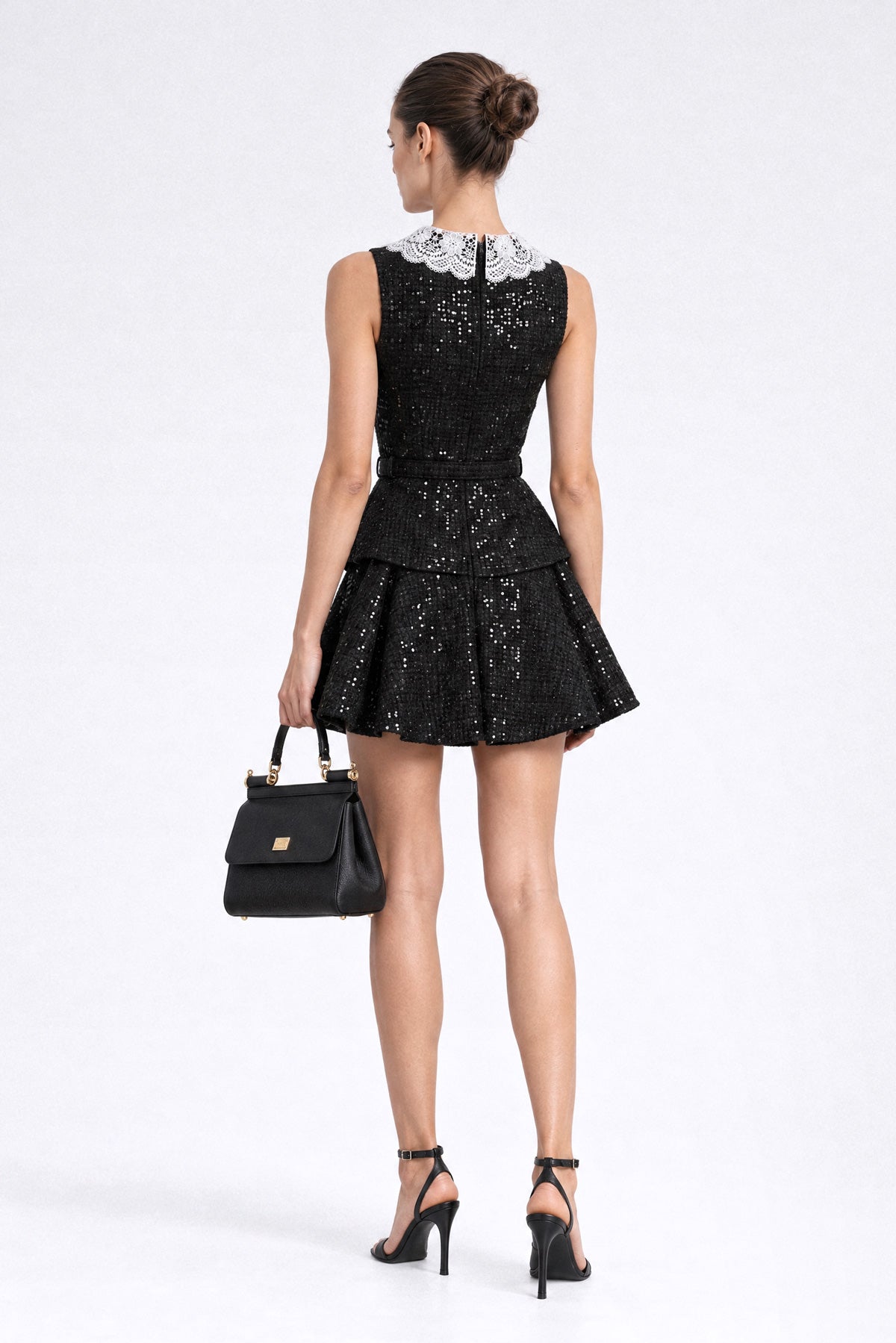Sequin Bouclé Tweed Peplum Mini Dress with Lace Collar – Black – view 5