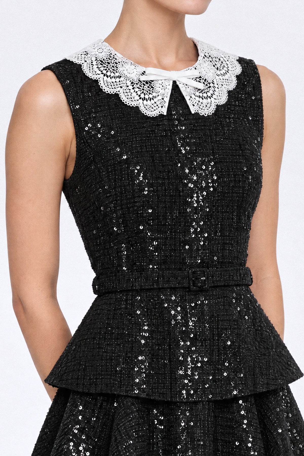 Sequin Bouclé Tweed Peplum Mini Dress with Lace Collar – Black – view 6