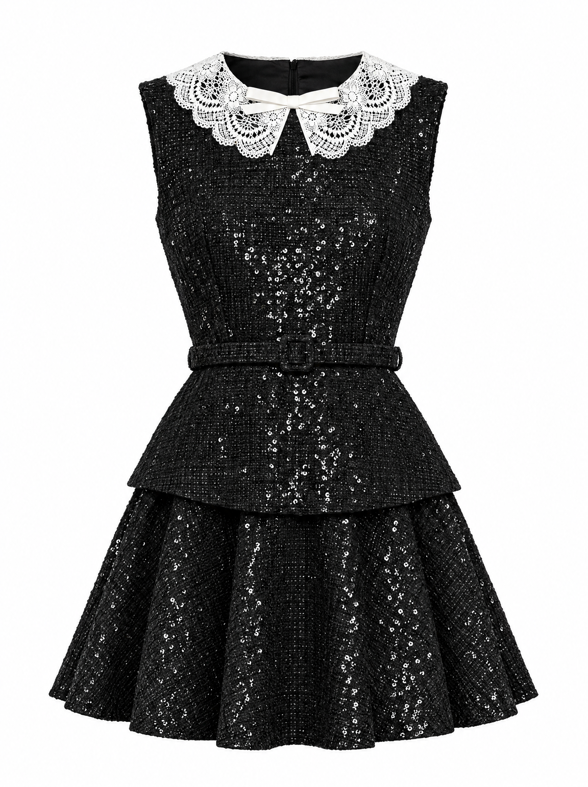 Sequin Bouclé Tweed Peplum Mini Dress with Lace Collar – Black – view 2