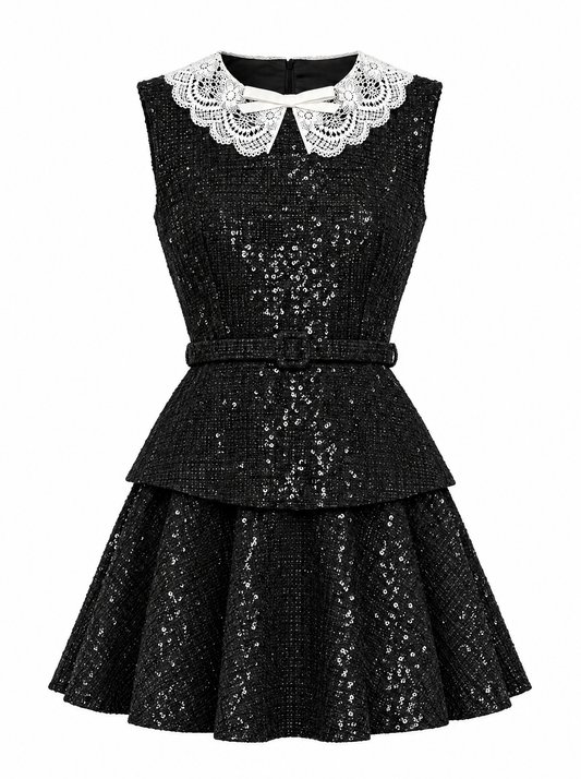 Sequin Bouclé Tweed Peplum Mini Dress with Lace Collar – Black – view 2