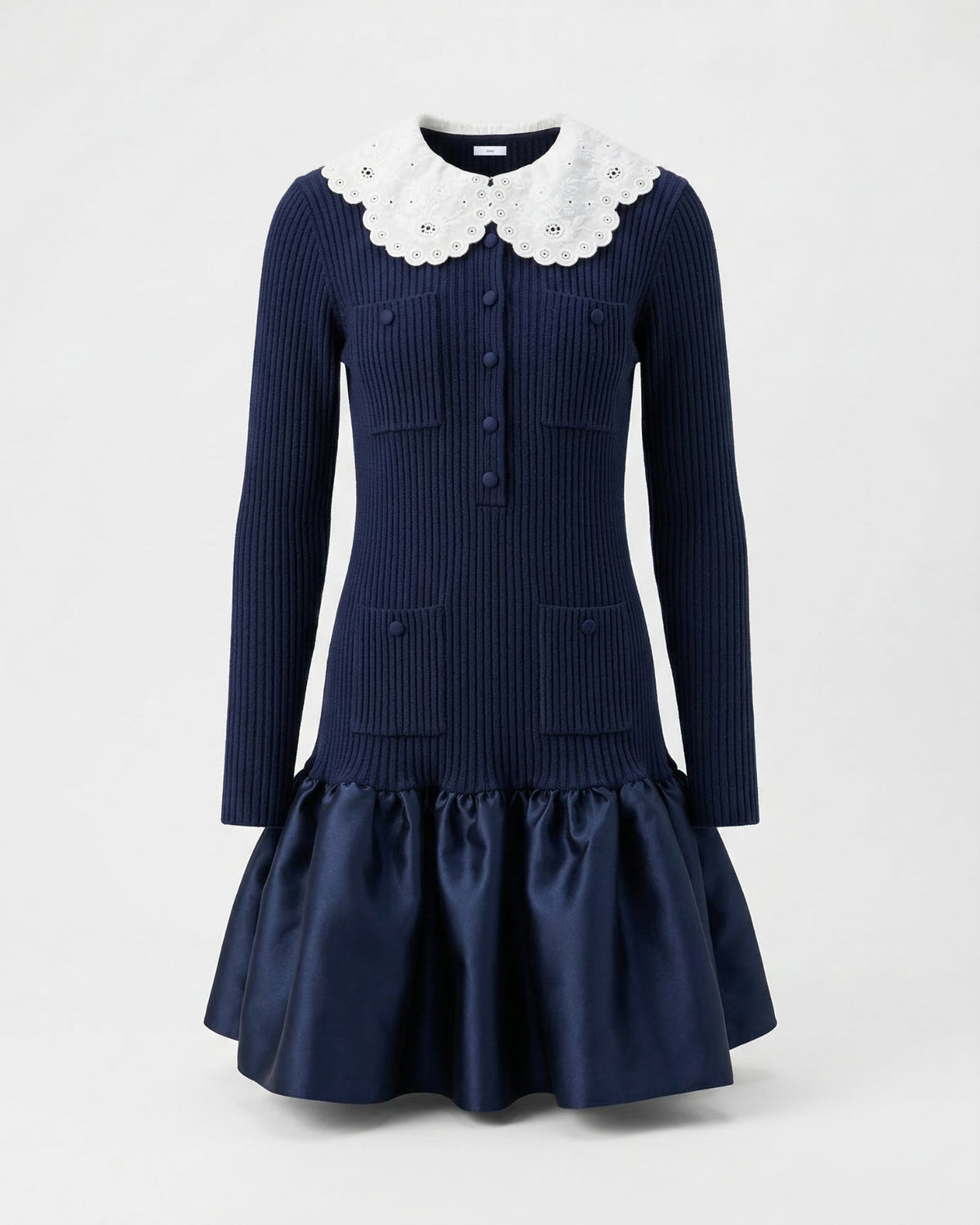 Candie Embroidered Lapel Knit Dress with Ruffled Skirt – Dark Blue – view 1